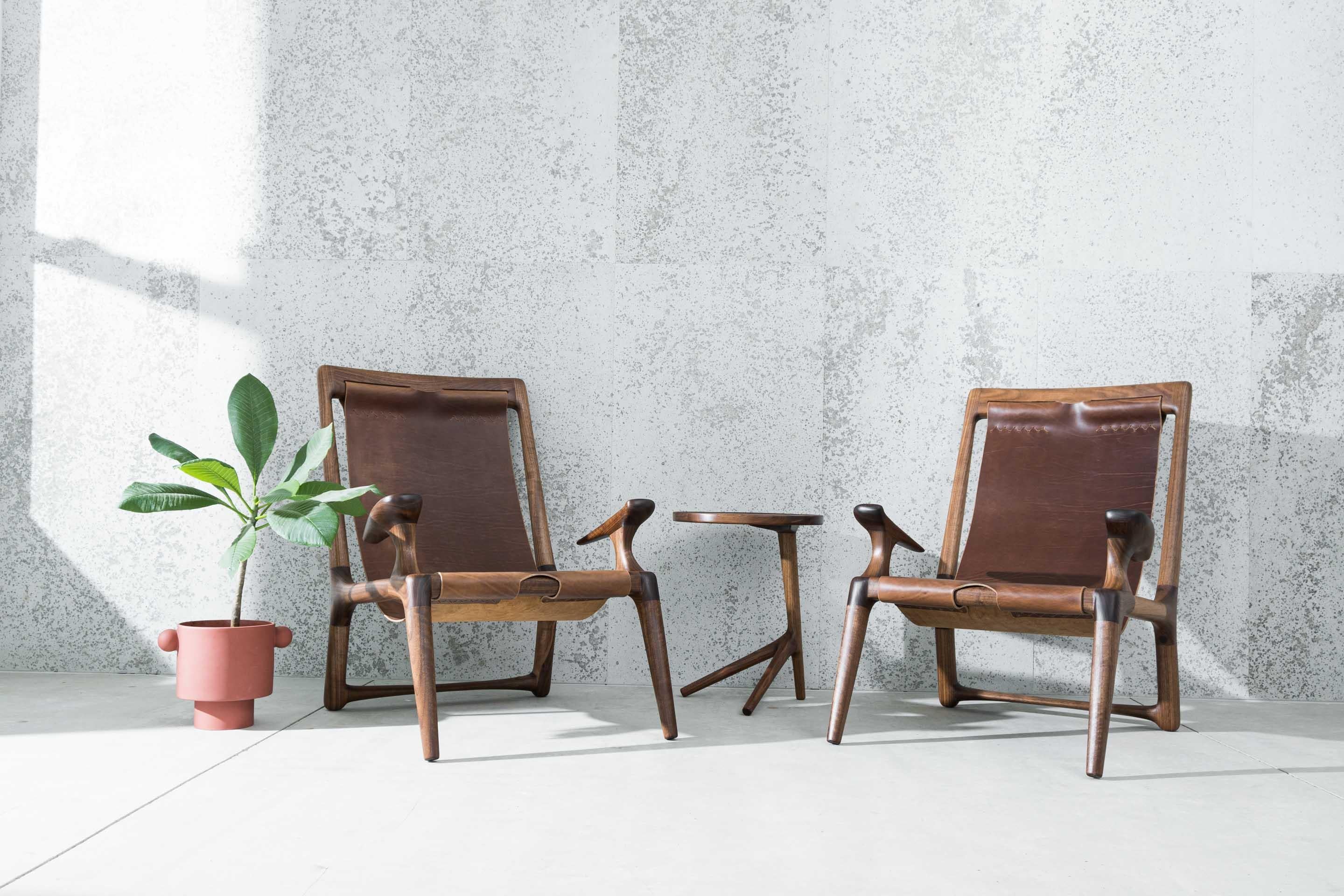 Hand-Carved Lounge and Accent Sling Chair, Walnut and Brown Leather by Fernweh Woodworking For Sale