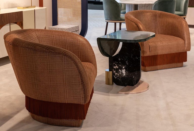 Chenille Mid-Century Modern Lounge Armchair Weaved Copper Texture, Silk Orange Fringes For Sale