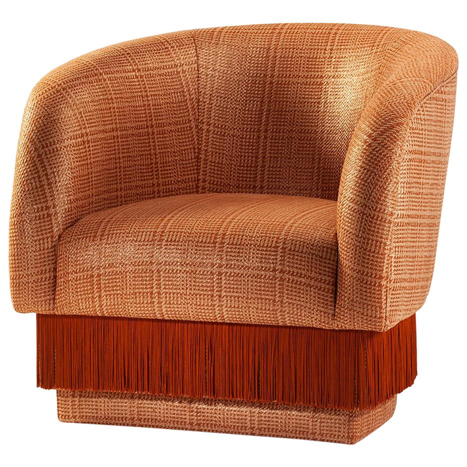 DOOQ Mid-Century Modern Lounge Armchair Weaved Copper Text., Silk Orange Fringes
