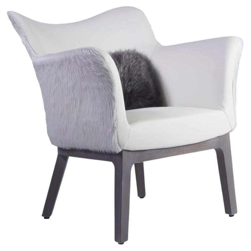 Lounge Armchair with Wing Style Design in White Cowhide