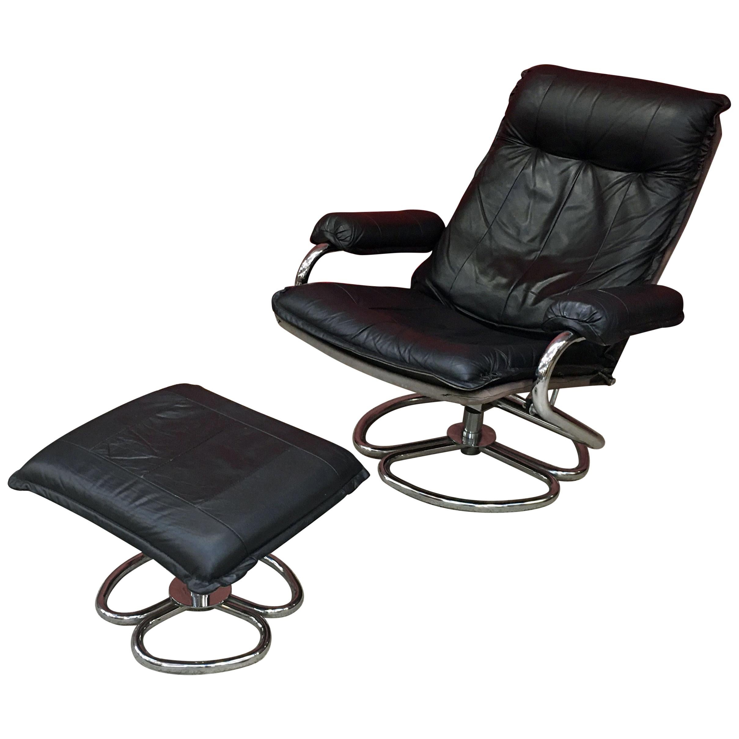 Lounge Chair and His Ottoman, in Chrome Metal and Leather, circa 1970