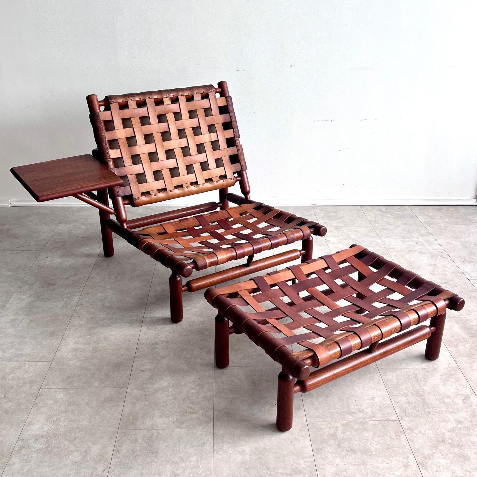 Designed in the 1970s by Ilmari Tapiovaara for Paolo Arnaboldi, this rare lounge chair and ottoman set merges tactile craftsmanship with relaxed, enduring functionality. The solid hardwood frame, shaped with rounded edges and bold proportions,