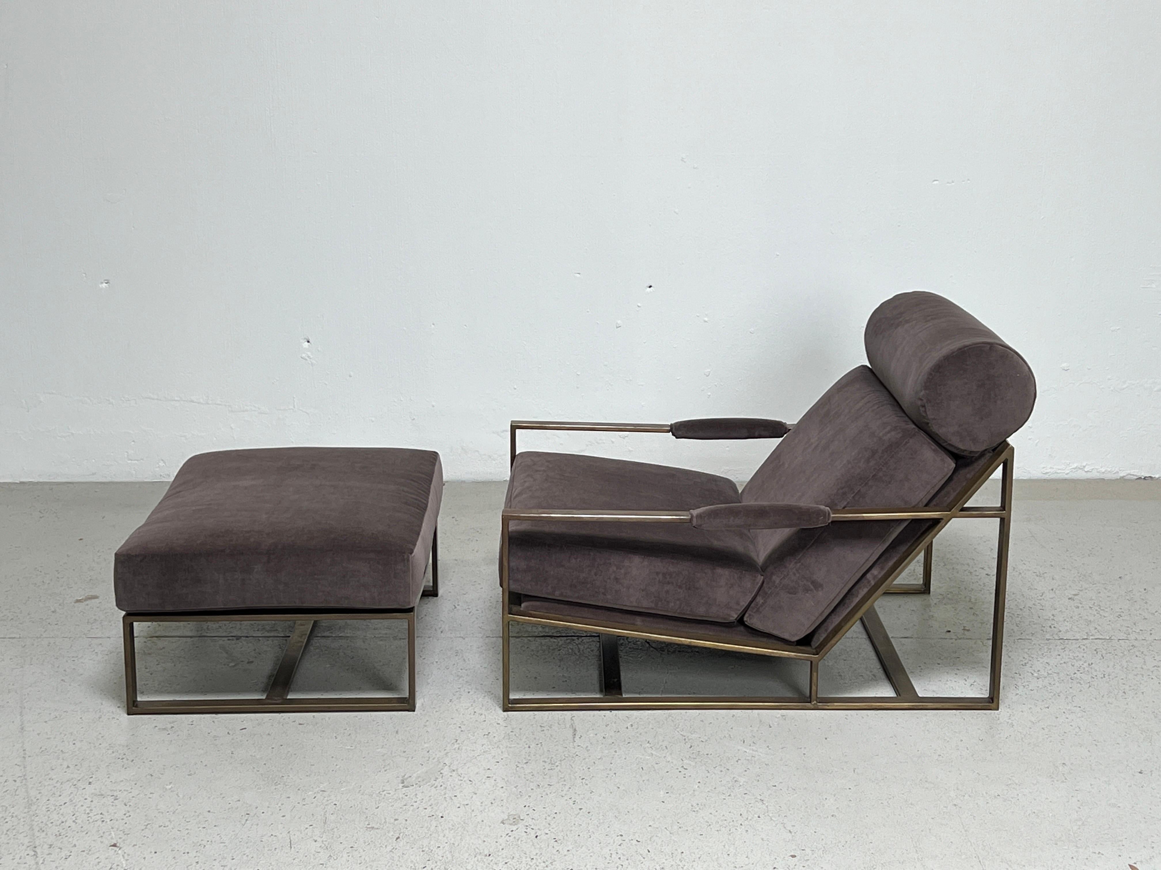 A rare bronze lounge chair and ottoman designed by Milo Baughman for Thayer Coggin. Newly upholstered in a muted purple velvet.