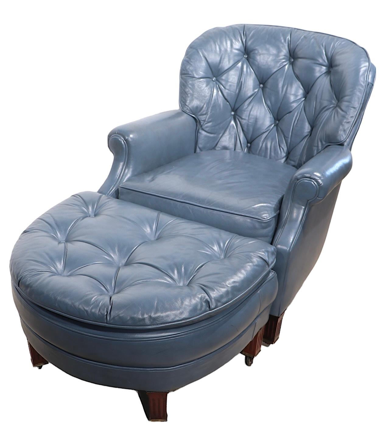 blue leather chair and ottoman