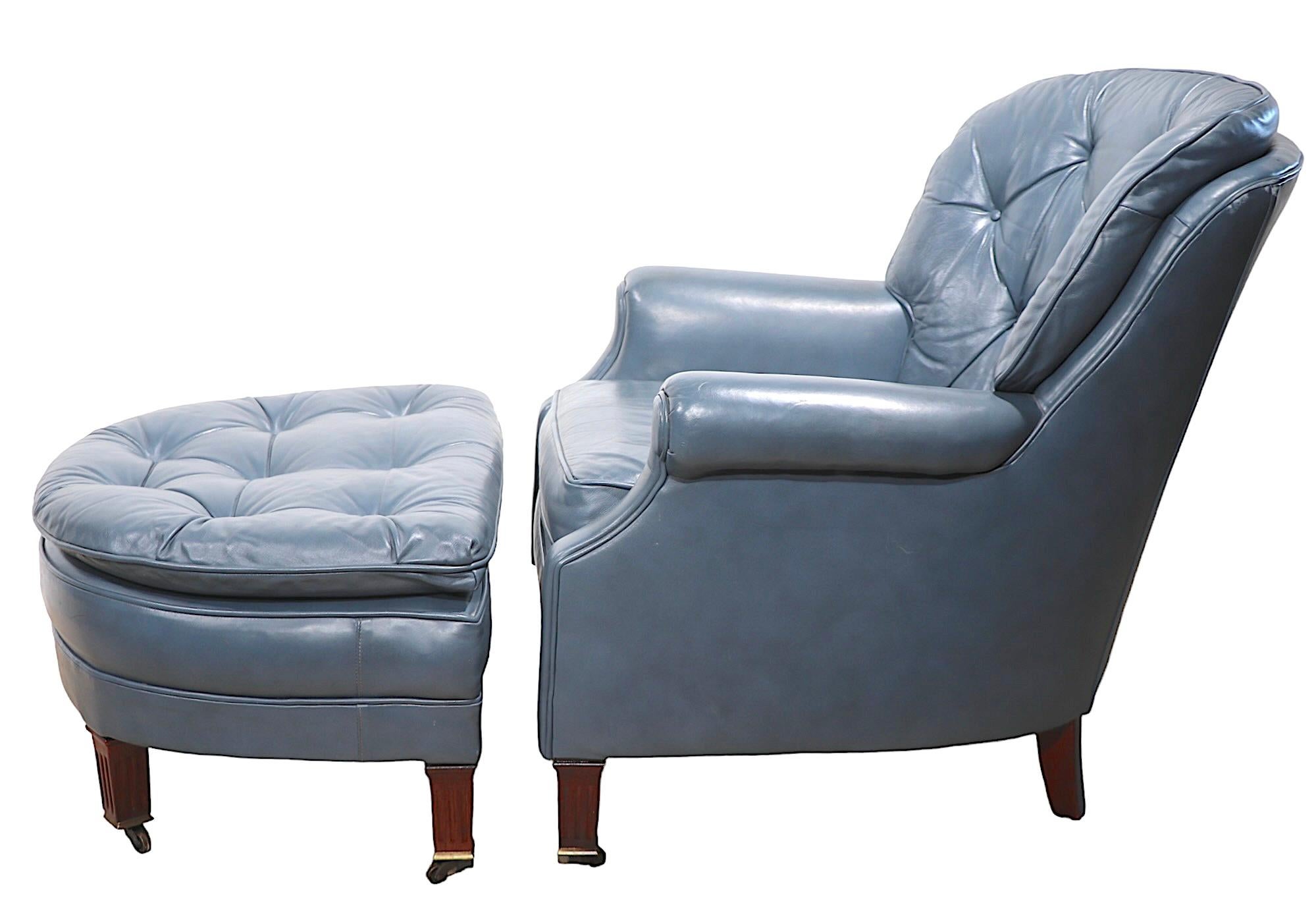 Hollywood Regency Lounge Chair and Ottoman in  Blue Leather  by Classic 
