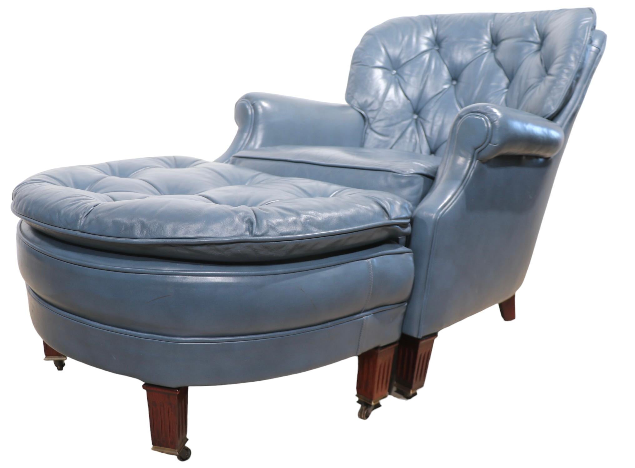 20th Century Lounge Chair and Ottoman in  Blue Leather  by Classic