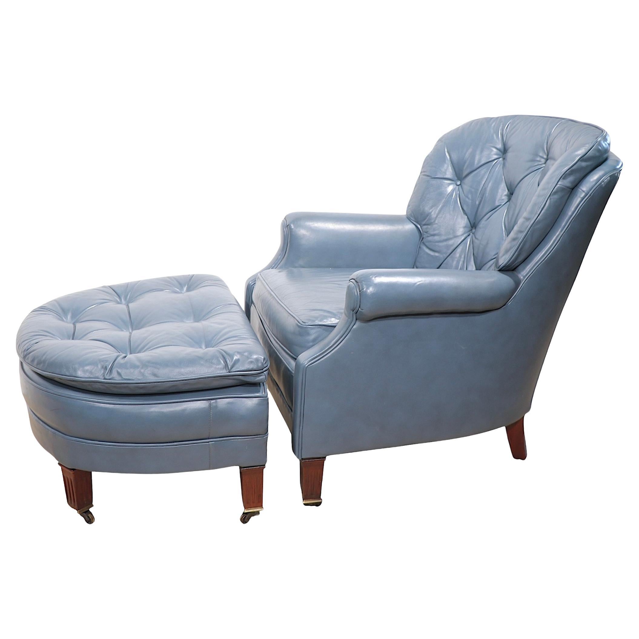 Lounge Chair and Ottoman in  Blue Leather  by Classic 