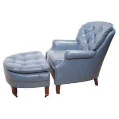 Lounge Chair and Ottoman in Blue Leather by Classic