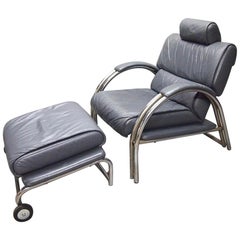 Lounge Chair and Ottoman in Grey Leather Signed Made in Italy, circa 1970