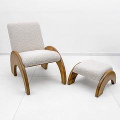 Lounge Chair and Ottoman Set in Curved Wood and Ivory Bouclé