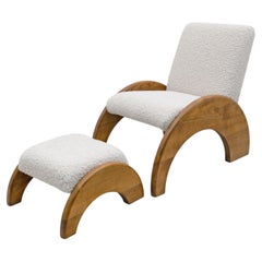 Lounge Chair and Ottoman Set in Curved Wood and Ivory Bouclé