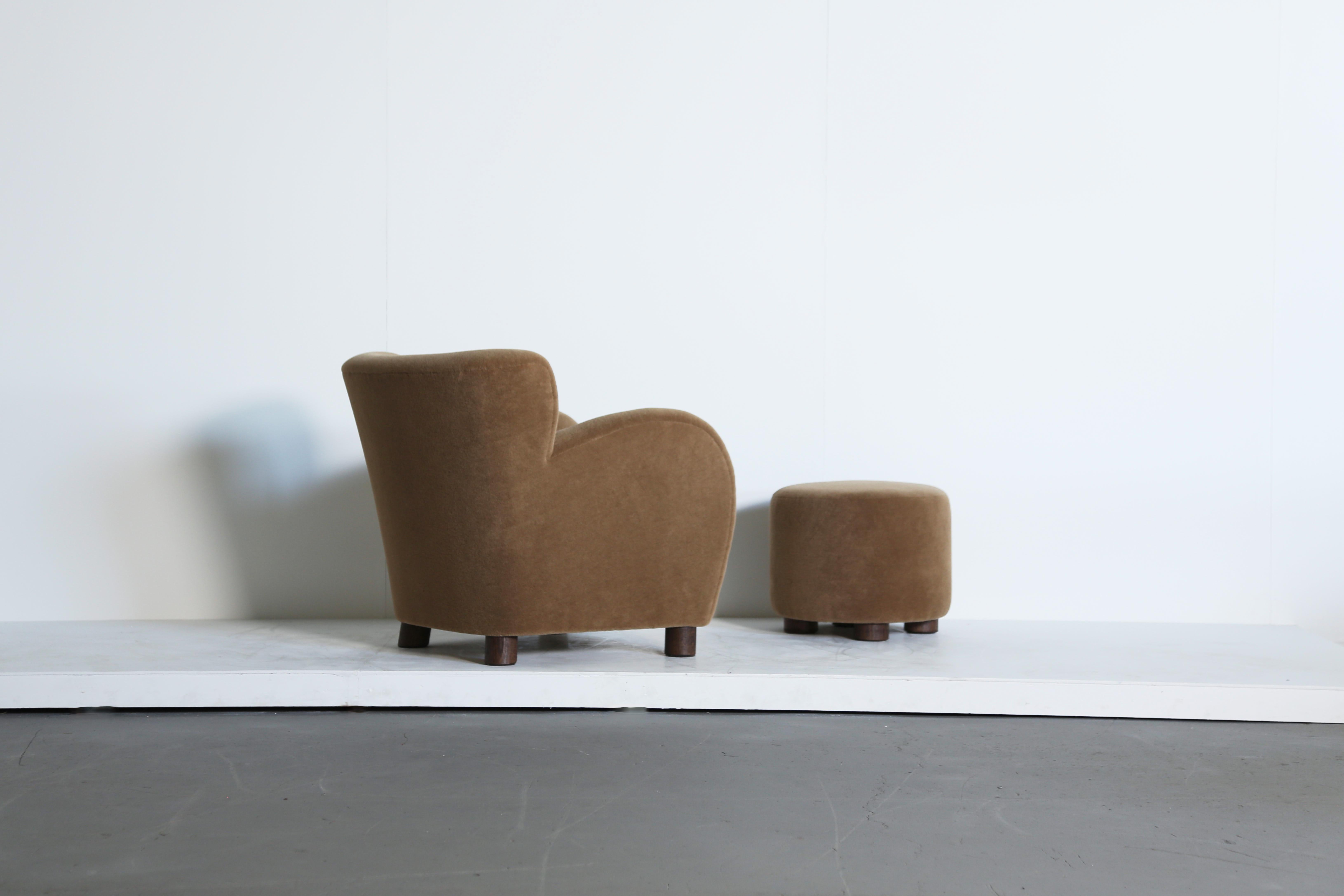 British Lounge Chair and Ottoman, Upholstered in Pure Alpaca For Sale