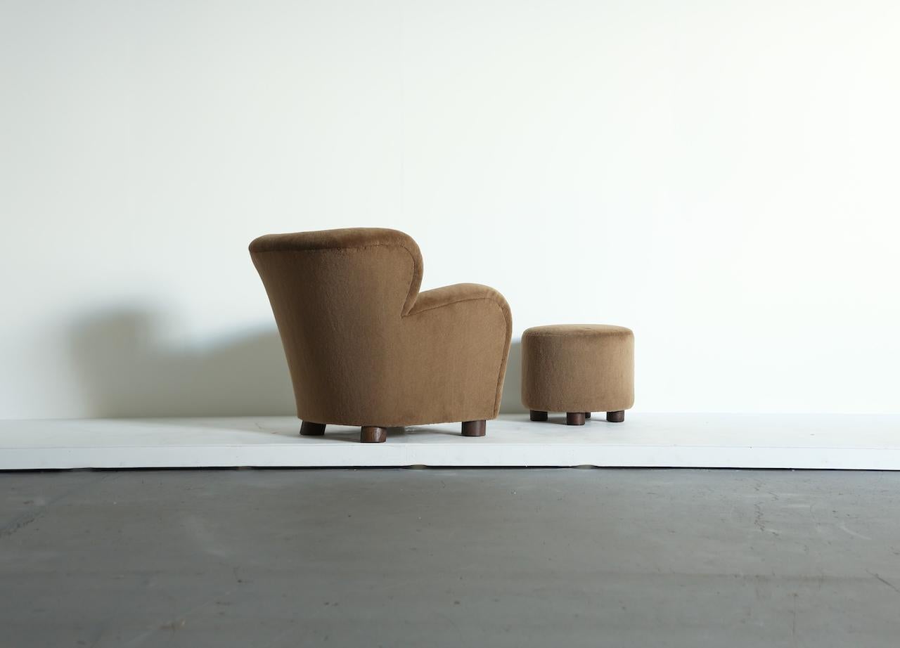 Scandinavian Modern Lounge Chair / Armchair and Ottoman, Upholstered in Pure Alpaca For Sale
