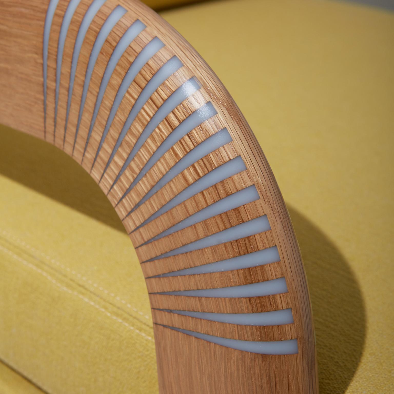 American Lounge Chair, Bent Oak Arms, Epoxy Resin Inlay, Yellow Upholstery, Custom For Sale