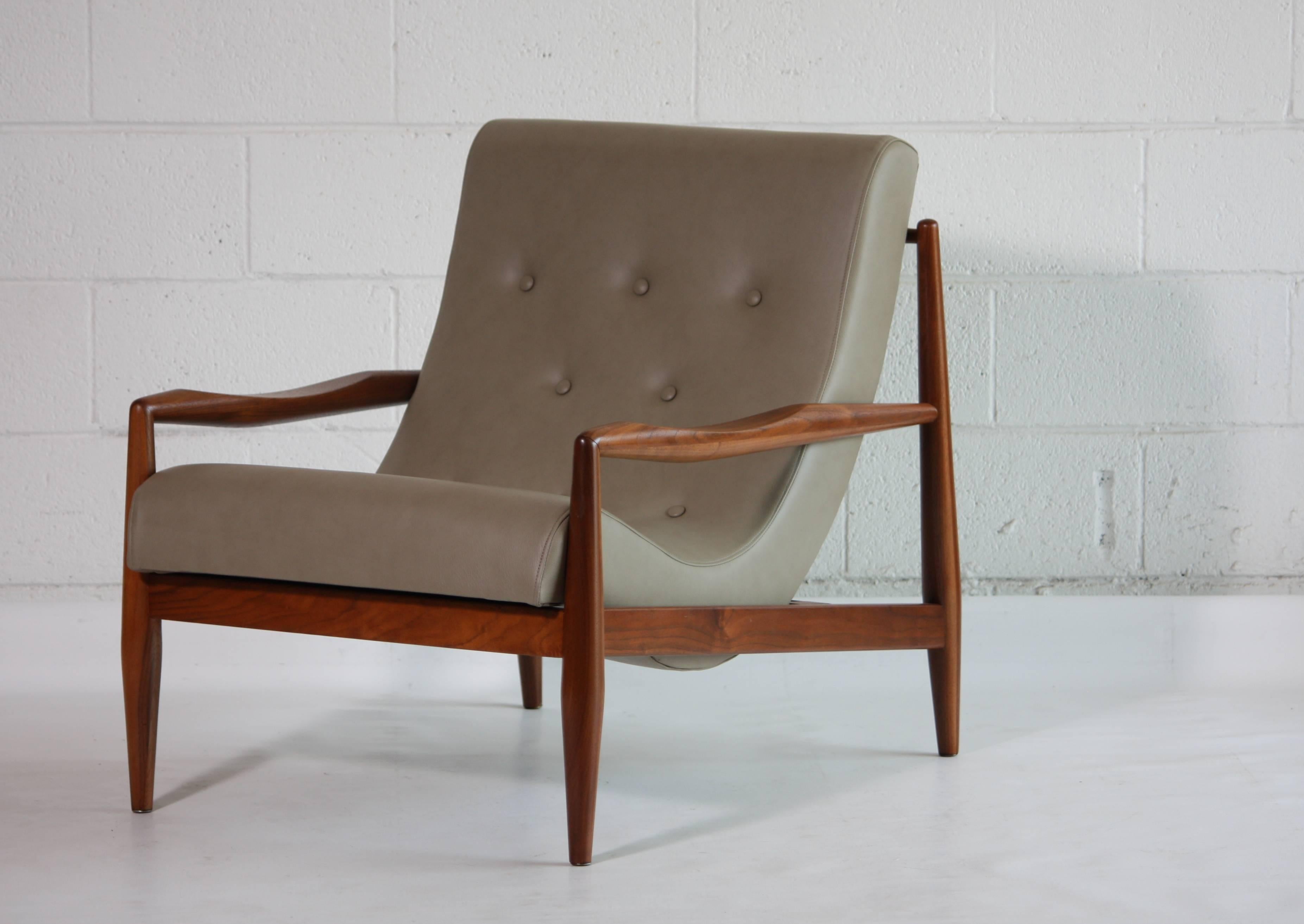 Amazing lounge chair, model 2218-C, from Craft Associates Inc. designed by Adrian Pearsall. Freshly upholstered in a wonderful soft leather, firm new foam and solid walnut wood frame. Photographed with Martz side table for scale.