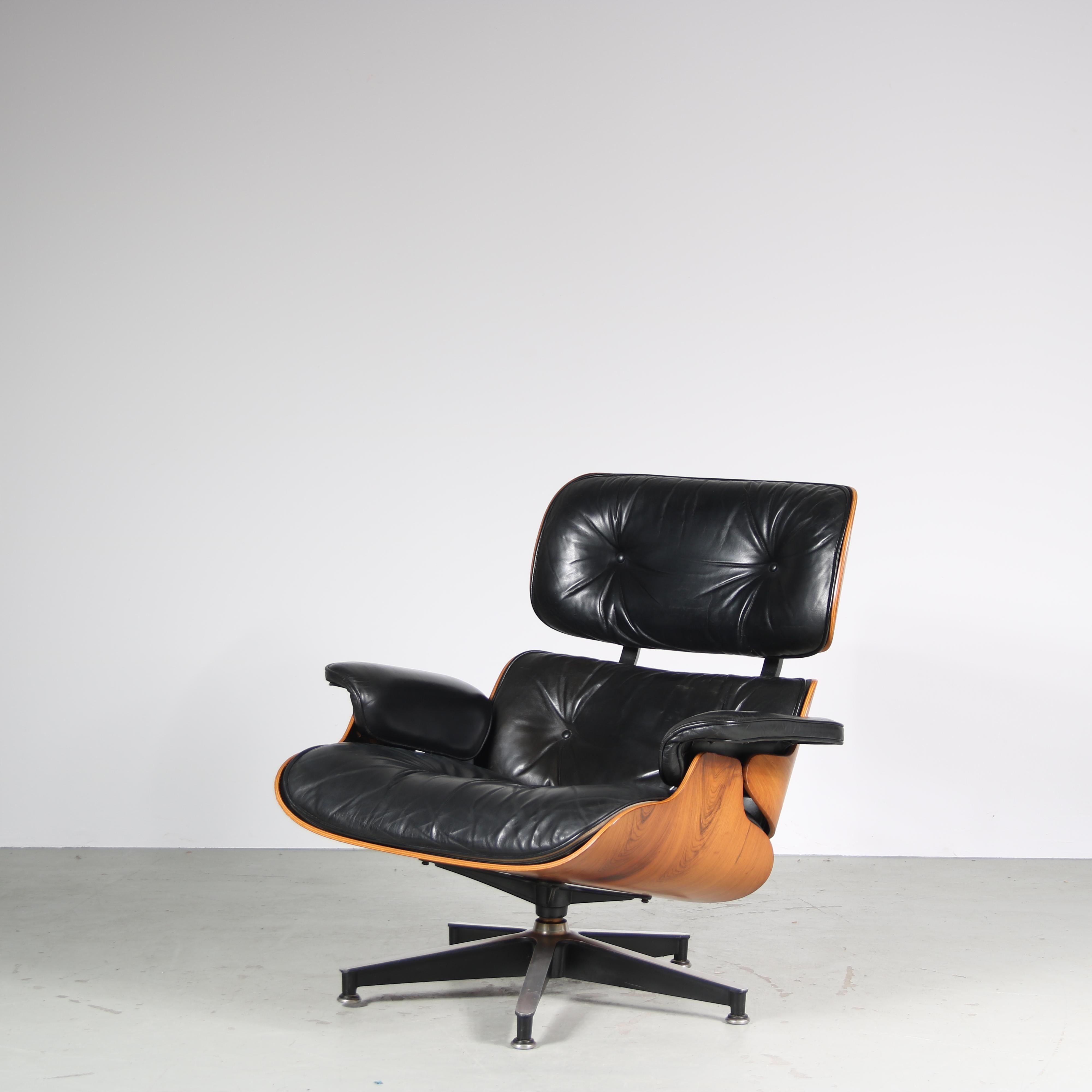 

This lounge chair was designed by Charles & Ray Eames and manufactured by Herman Miller in the United States.

It is a true masterpiece of design. Its iconic deep brown plywooden shell provides an incredibly stylish and comfortable seating