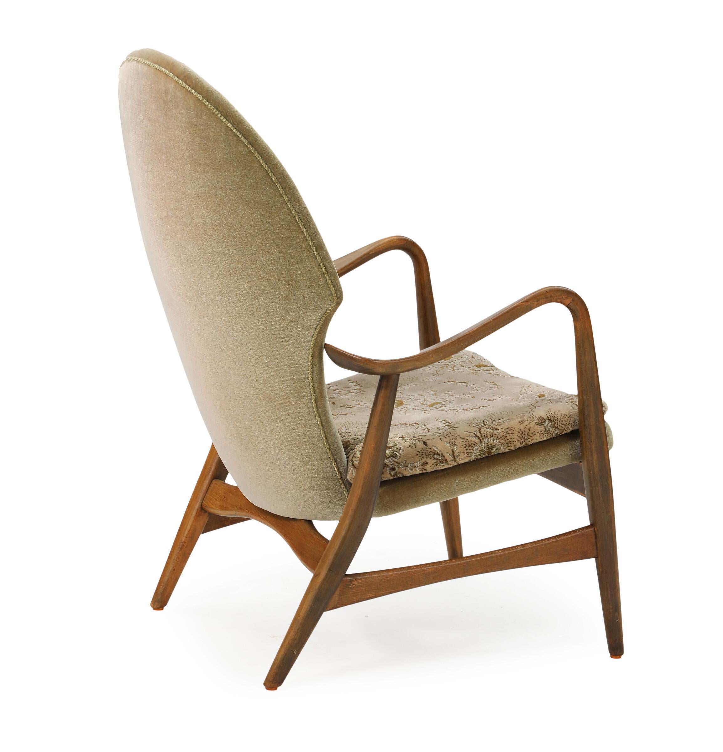 Lounge chair by J. Carlsens Mobelfabrik. 
Stained beech frame, Mohair/ velvet/cotton upholstery. 