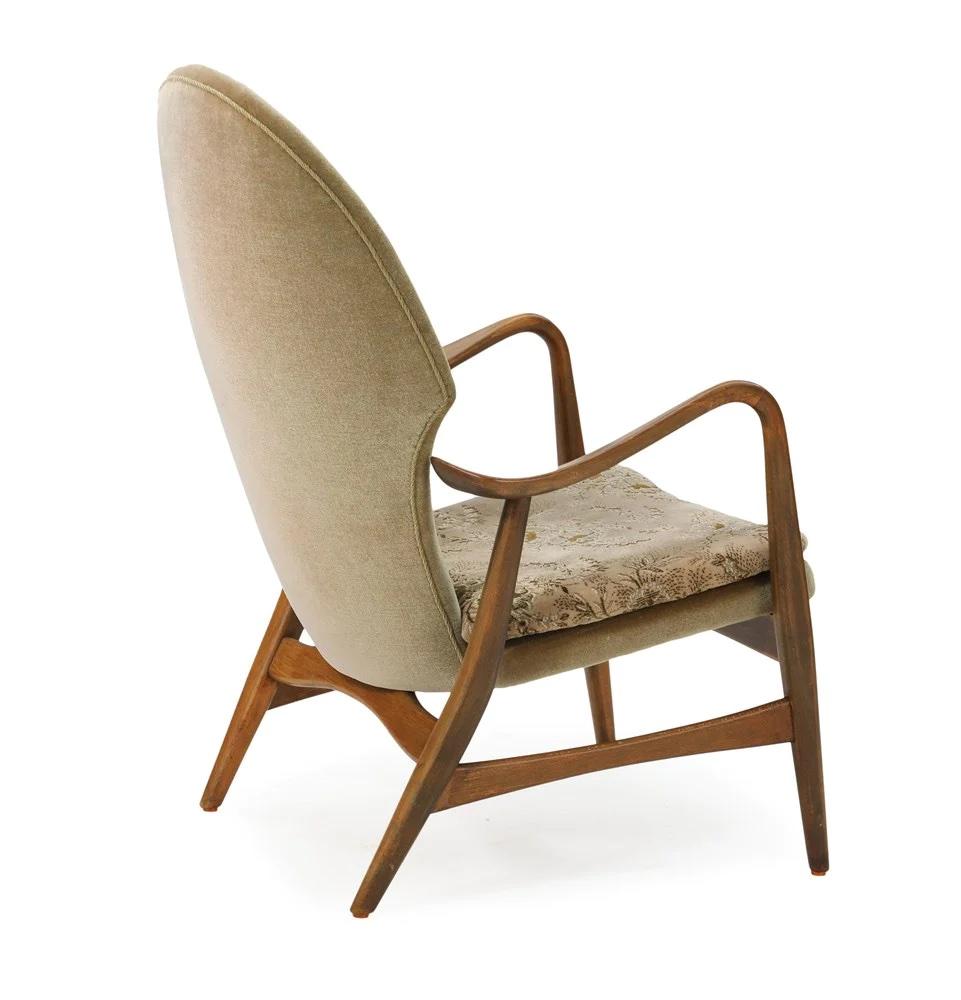 Lounge chair by J. Carlsens Mobelfabrik. 
Stained beech frame, Mohair/ velvet/cotton upholstery. 