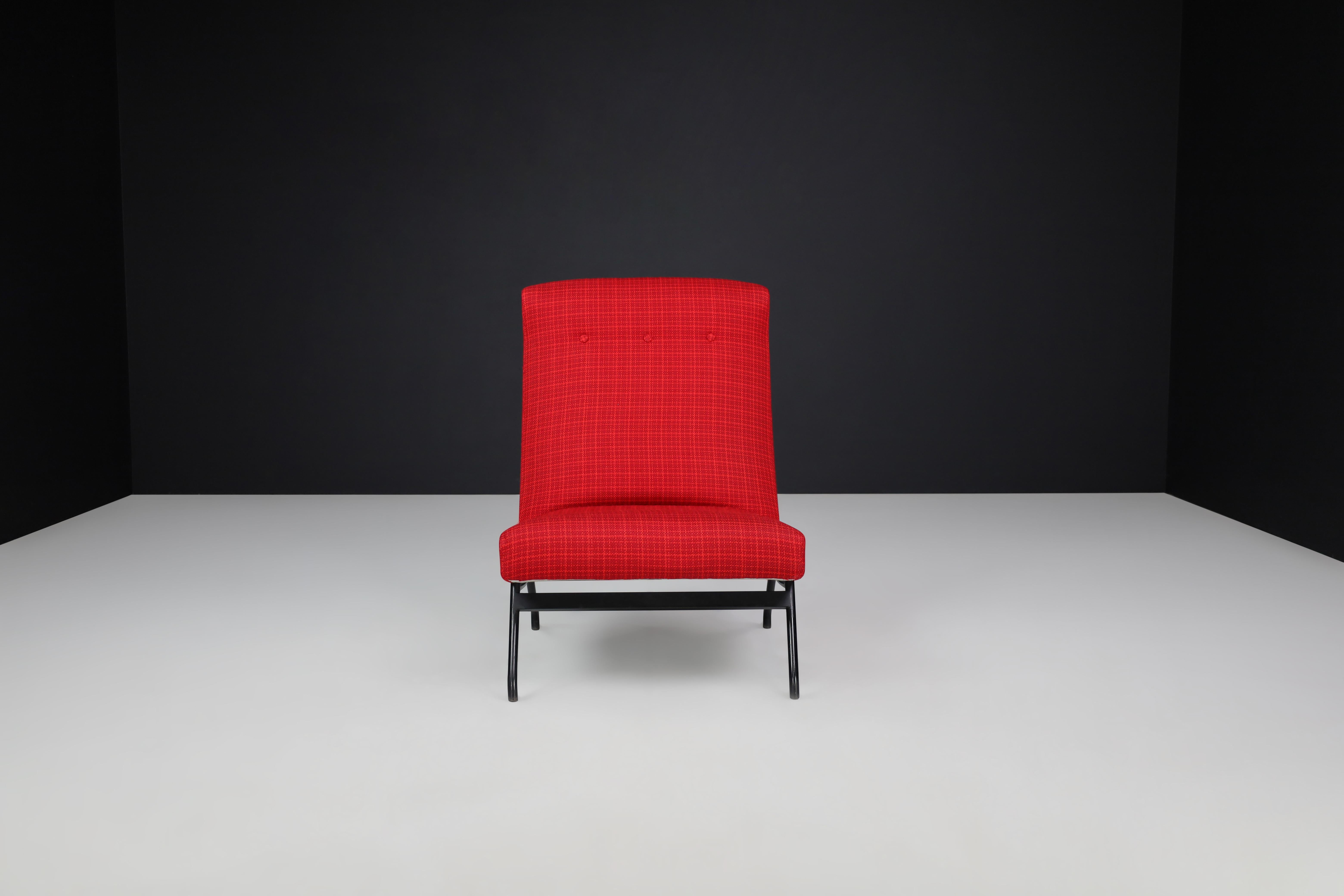 20th Century Lounge Chair by Joseph-André Motte in Original red Upholstery, France, 1950s For Sale