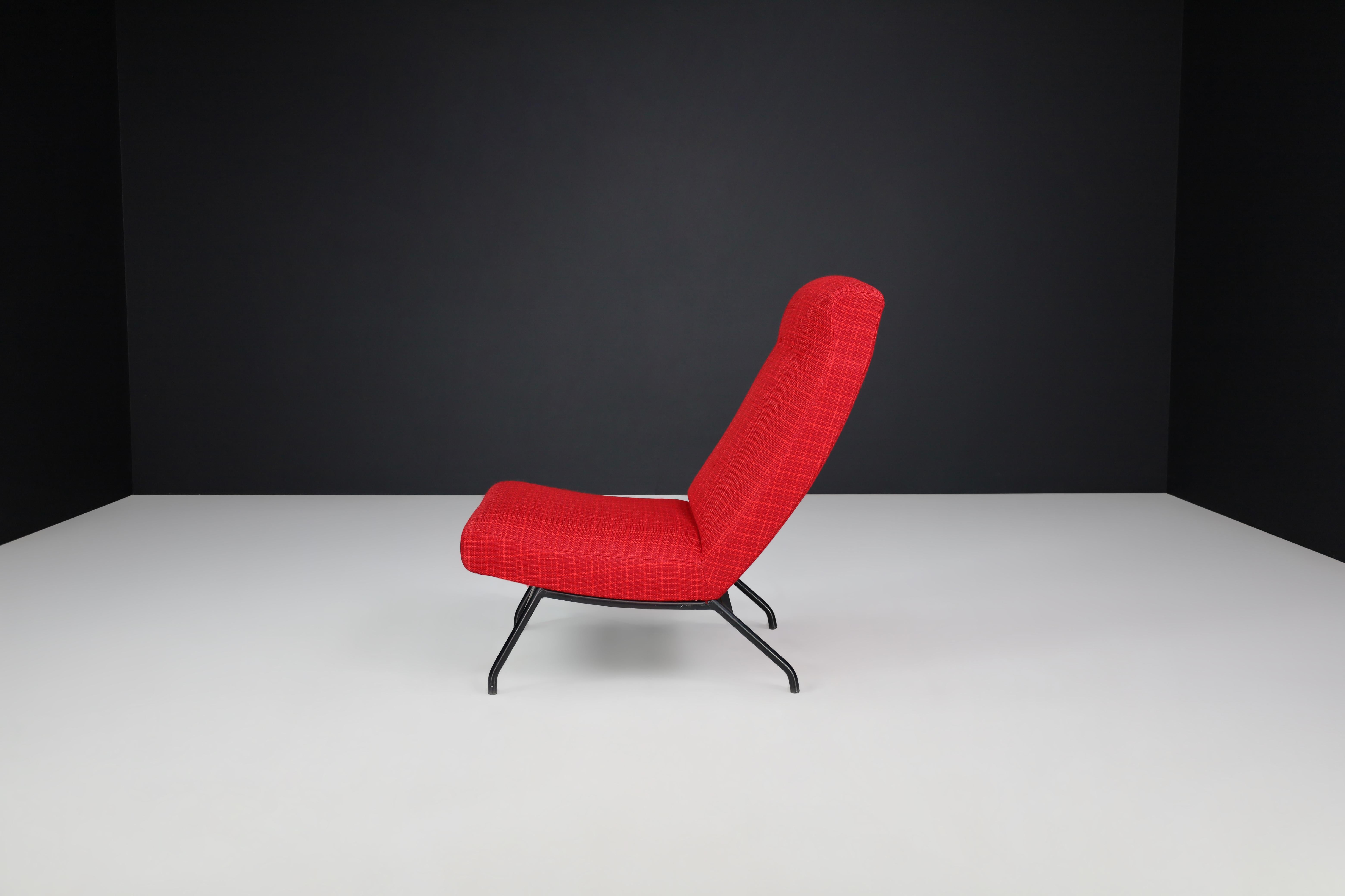 Metal Lounge Chair by Joseph-André Motte in Original red Upholstery, France, 1950s For Sale