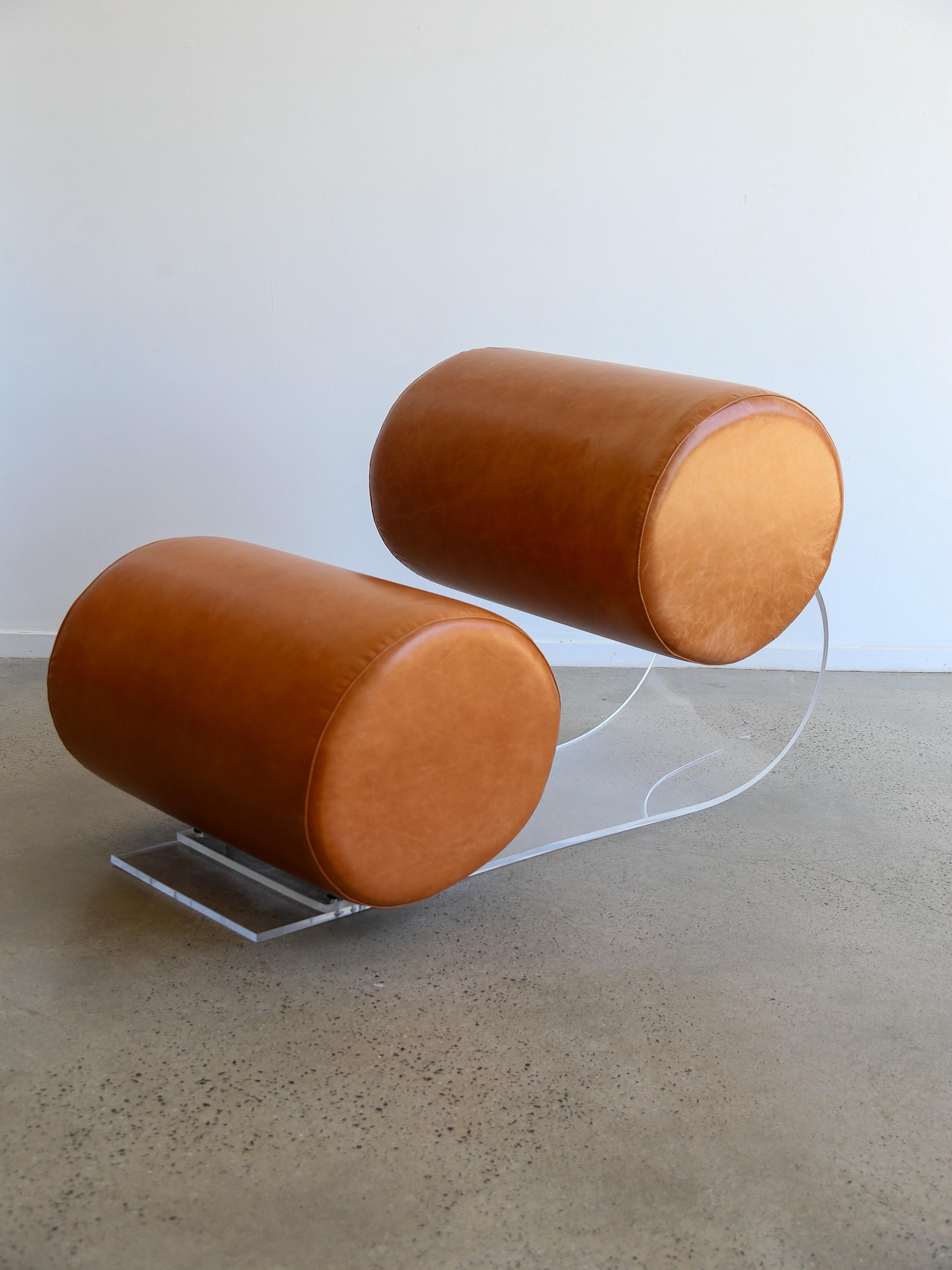 Very rare Mid-Century Modern space age lounge chairs in clear lucite and leather by the Italian designer Marzio Cecchi. 
Born near Florence on March 1st 1940, Marzio Cecchi comes from a design environment, his mother being Giulia Carla Cecchi, a