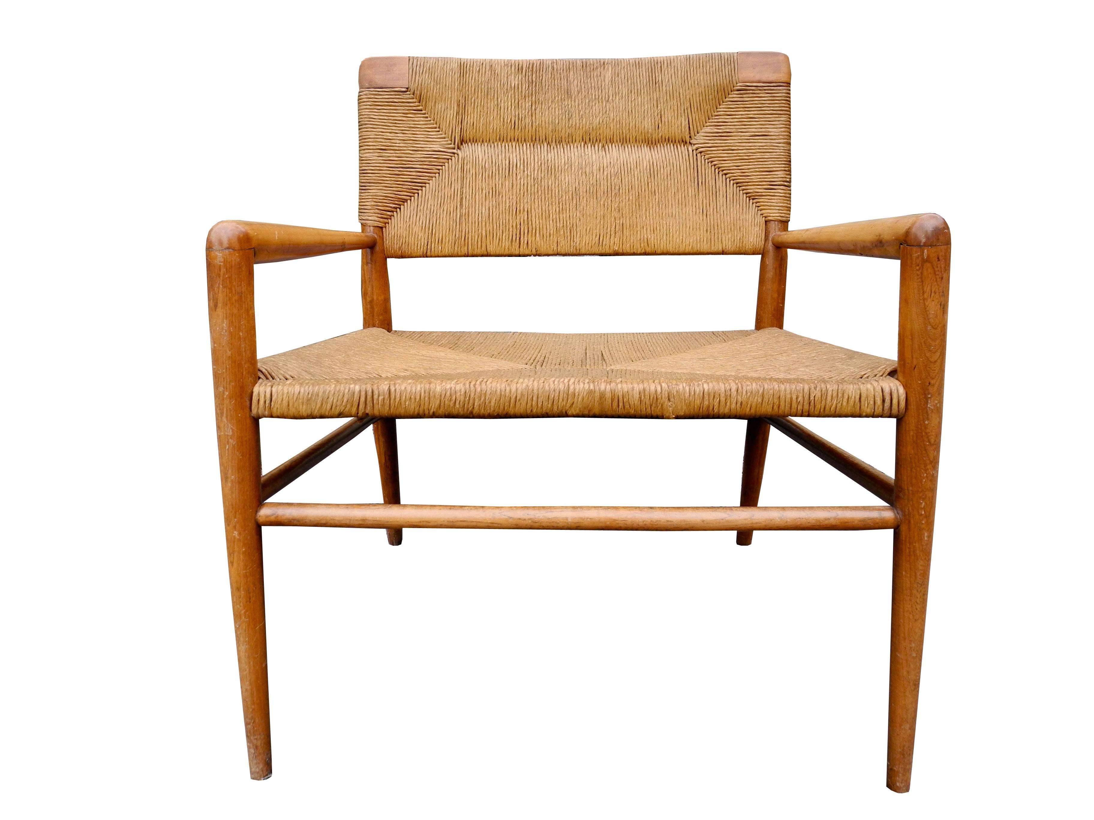 Mid-Century Modern Lounge Chair by Mel Smilow Furniture in Walnut and Handwoven Rush For Sale