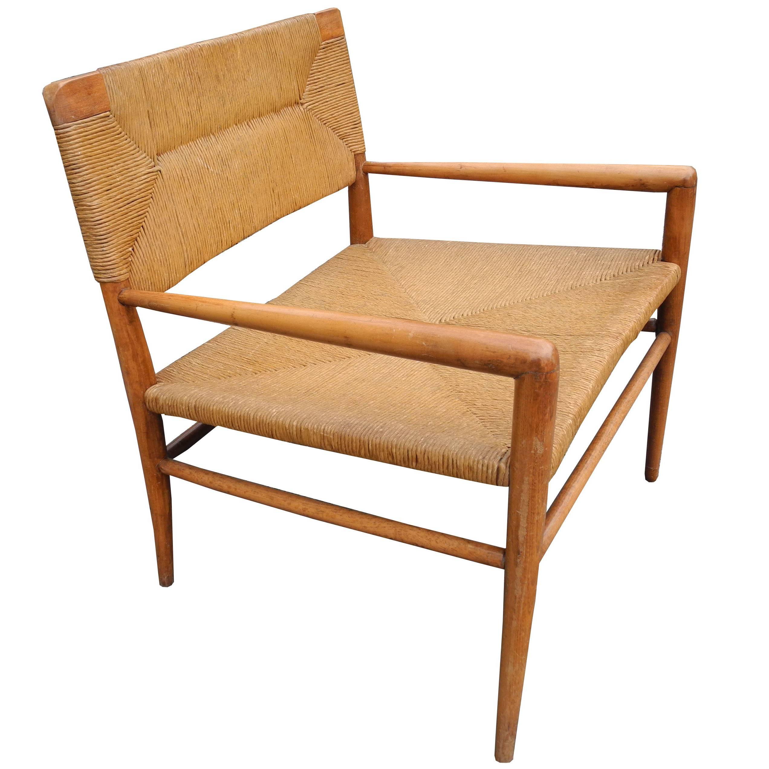 Lounge Chair by Mel Smilow Furniture in Walnut and Handwoven Rush For Sale