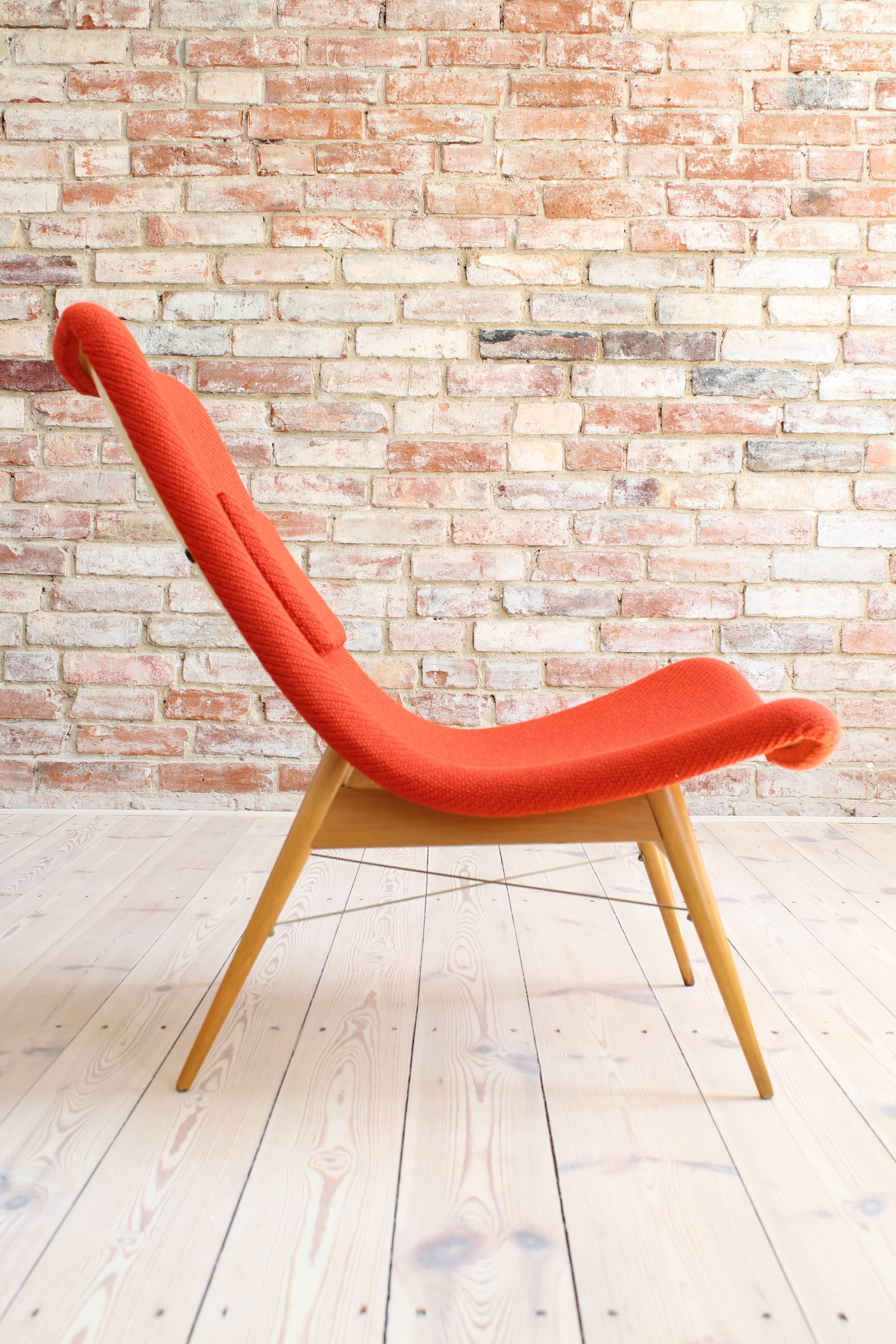 Wool Lounge Chair by Miroslav Navratil, 1959, Reupholstered in Red Kvadrat Fabric