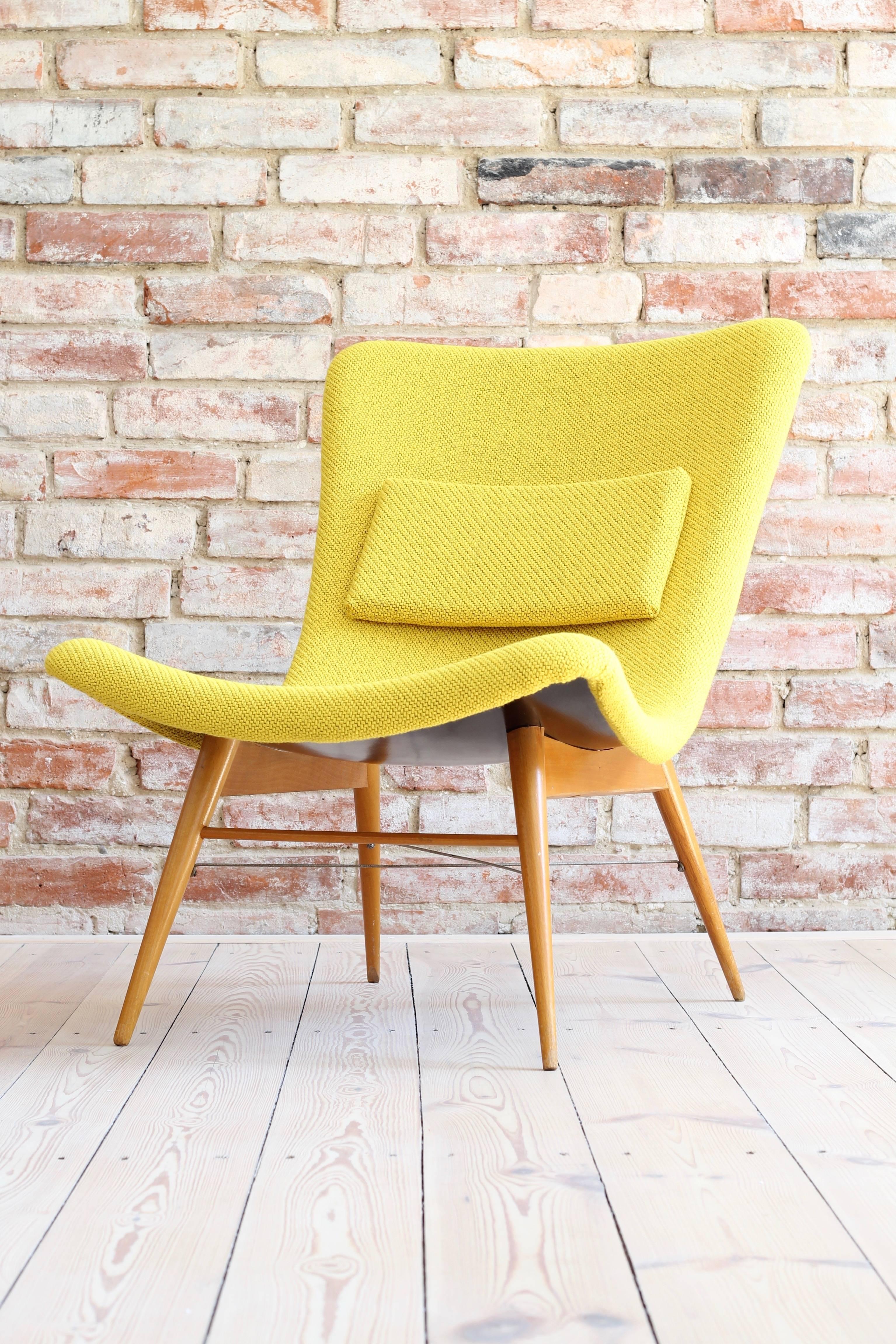 Mid-Century Modern Lounge Chair by Miroslav Navratil, 1959, Reupholstered in Yellow Kvadrat Fabric