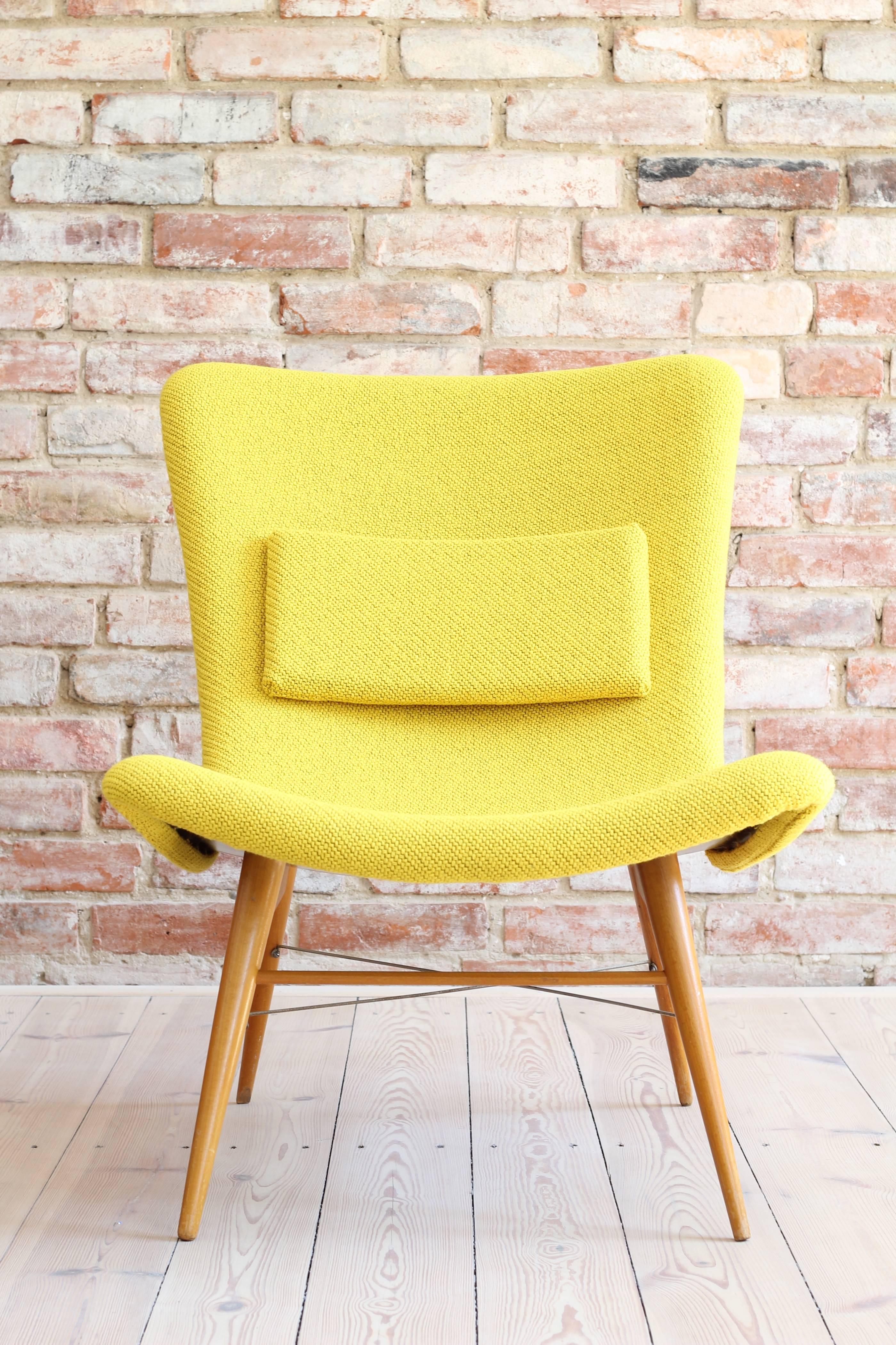 Lounge Chair by Miroslav Navratil, 1959, Reupholstered in Yellow Kvadrat Fabric 1