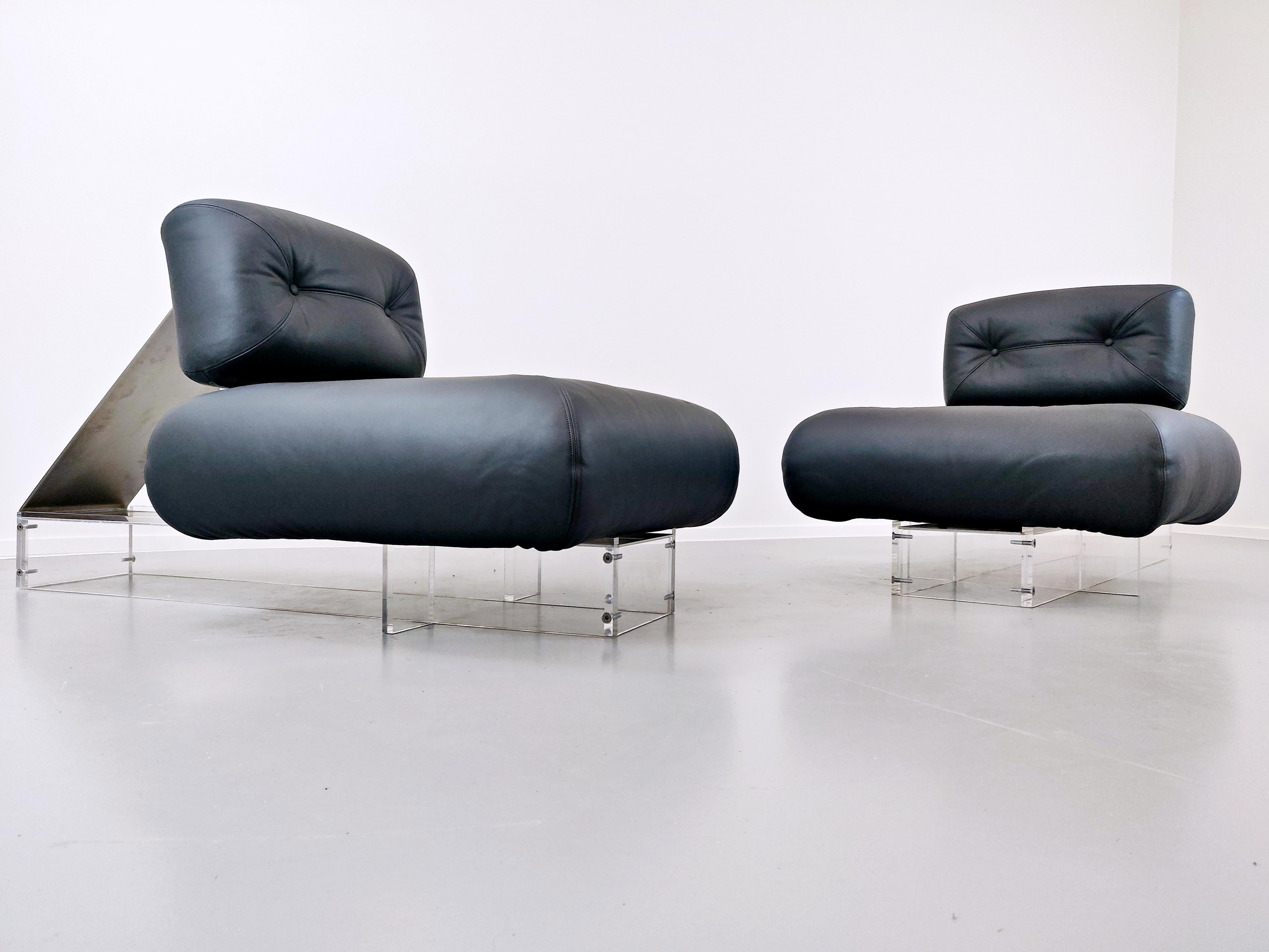 Mid-Century Modern Lounge Chair by Oscar Niemeyer in Plexiglass, Steel and Black Leather