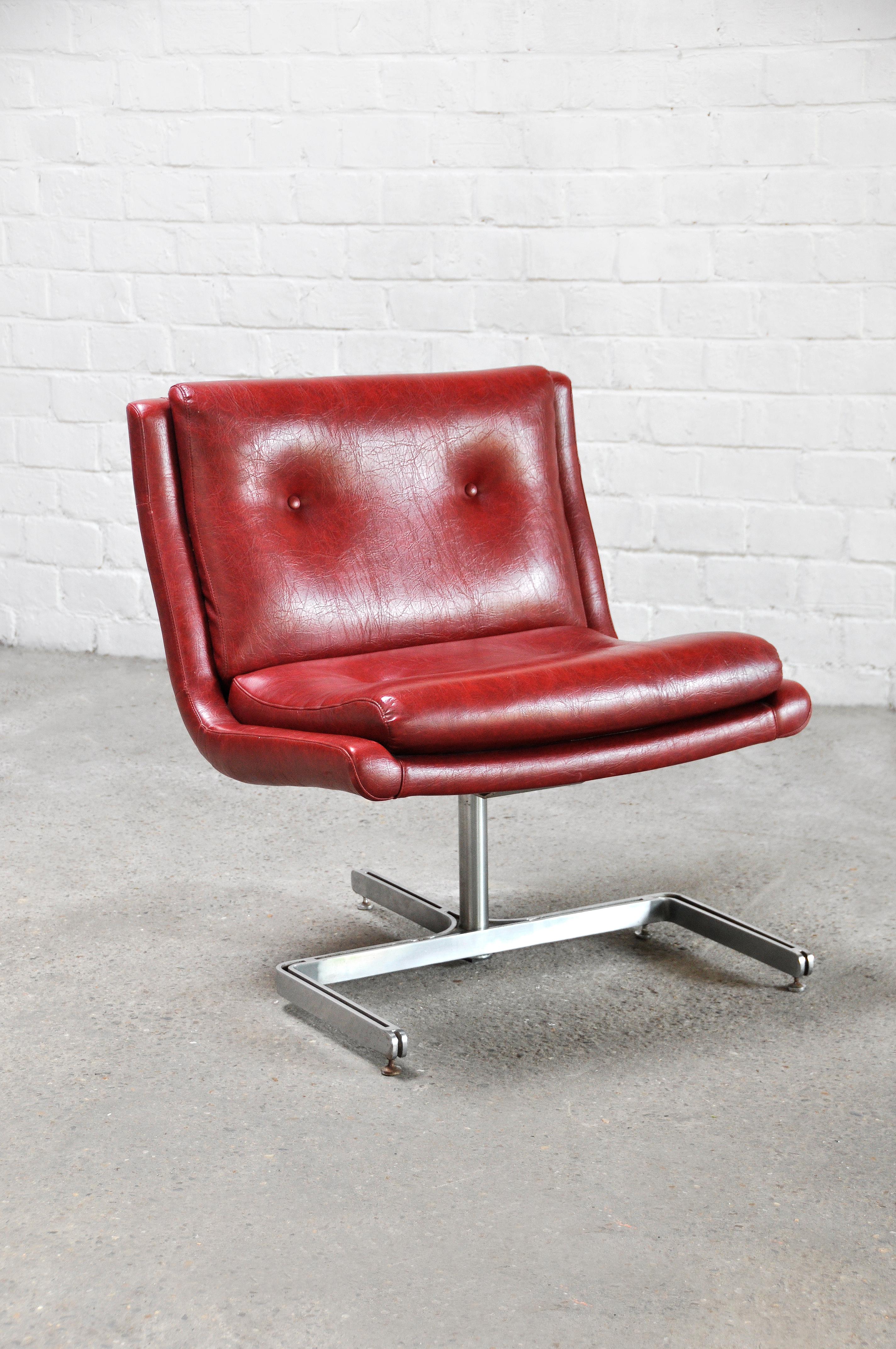 Late 20th Century French Raphael Raffel Lounge Chair in Red Leather & Stainless Steel, 1970s