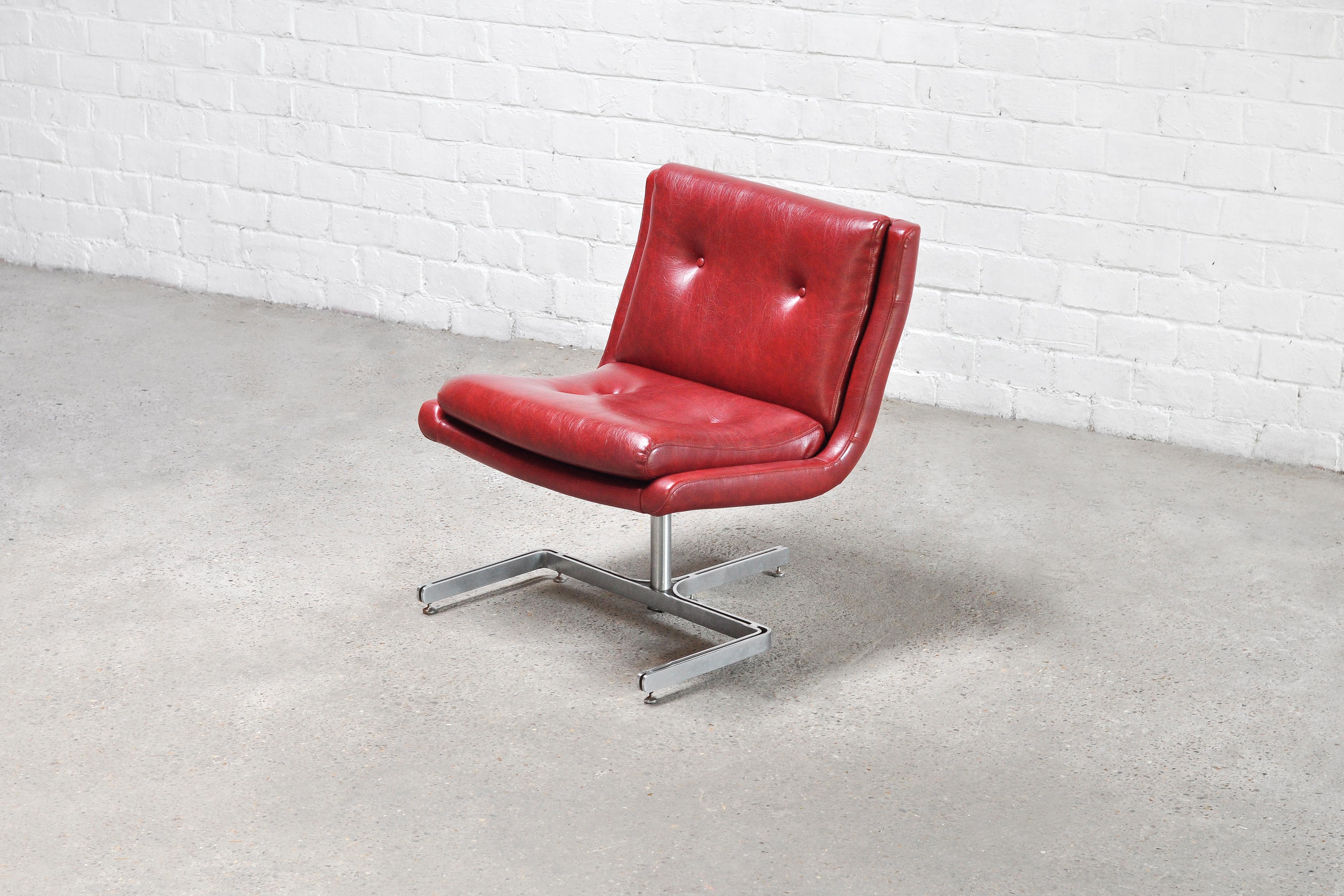 French Raphael Raffel Lounge Chair in Red Leather & Stainless Steel, 1970s 1