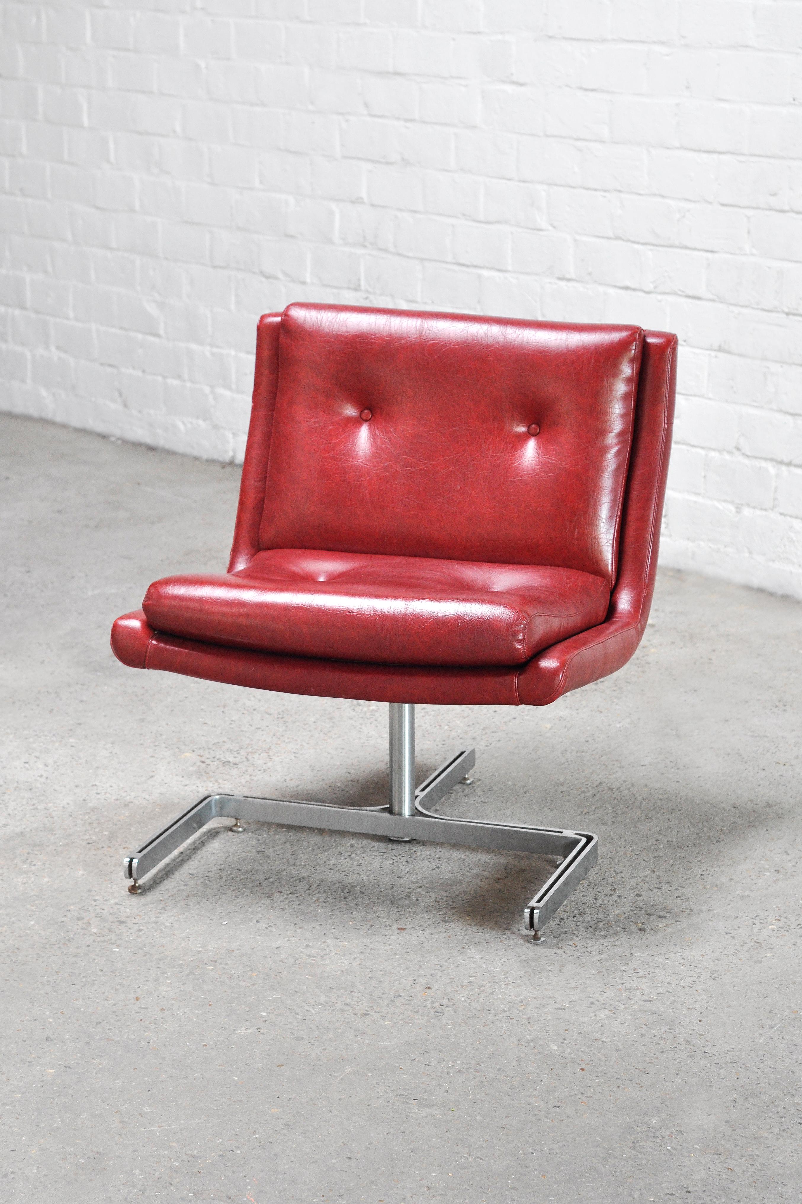 French Raphael Raffel Lounge Chair in Red Leather & Stainless Steel, 1970s 2