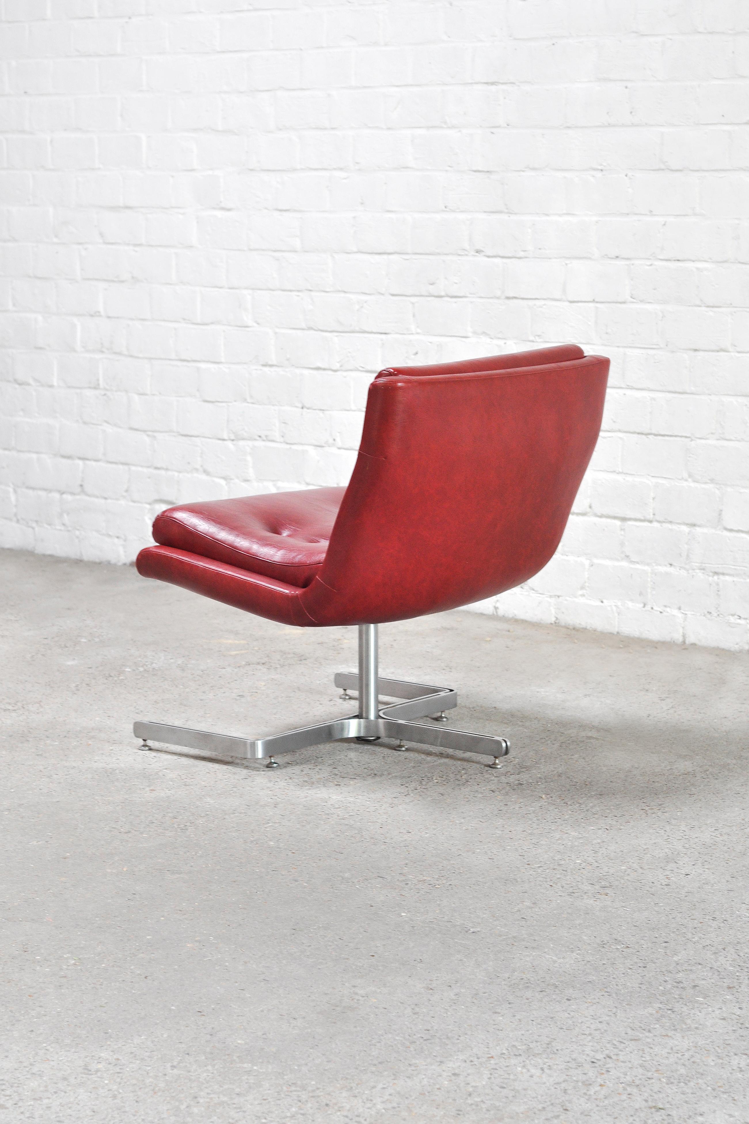 French Raphael Raffel Lounge Chair in Red Leather & Stainless Steel, 1970s 3