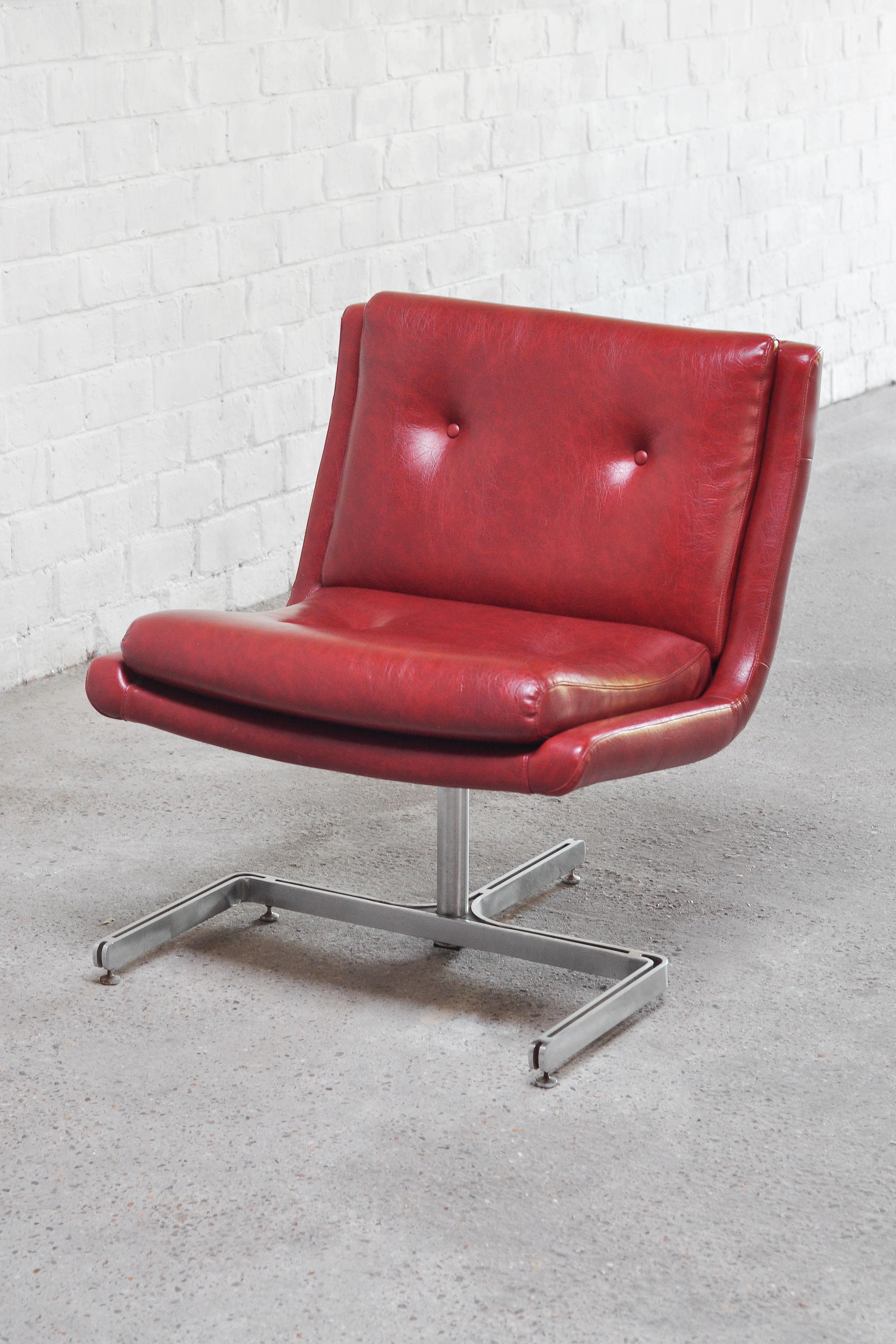 French Raphael Raffel Lounge Chair in Red Leather & Stainless Steel, 1970s 5