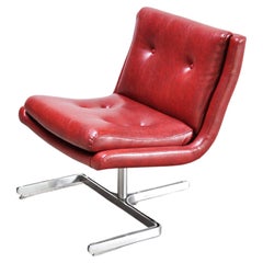 Vintage French Raphael Raffel Lounge Chair in Red Leather & Stainless Steel, 1970s