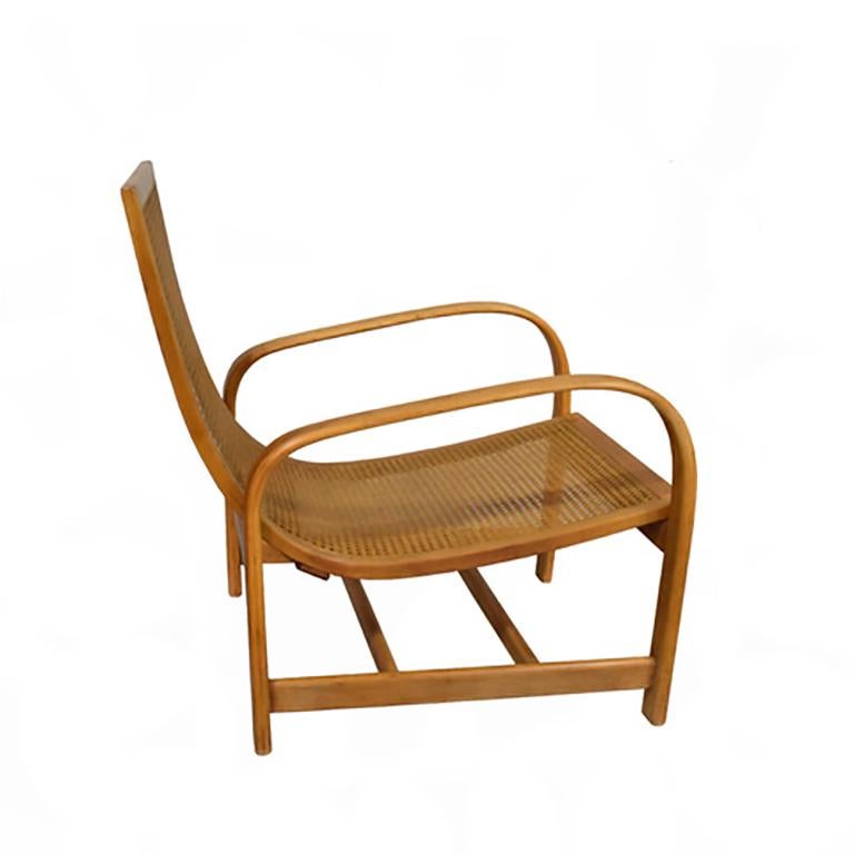 Beautiful bent beechwood chair by Soren Hansen and Fritz Hansen circa 1931, early Danish modern, caned, with a loose cushion in black wool fabric.