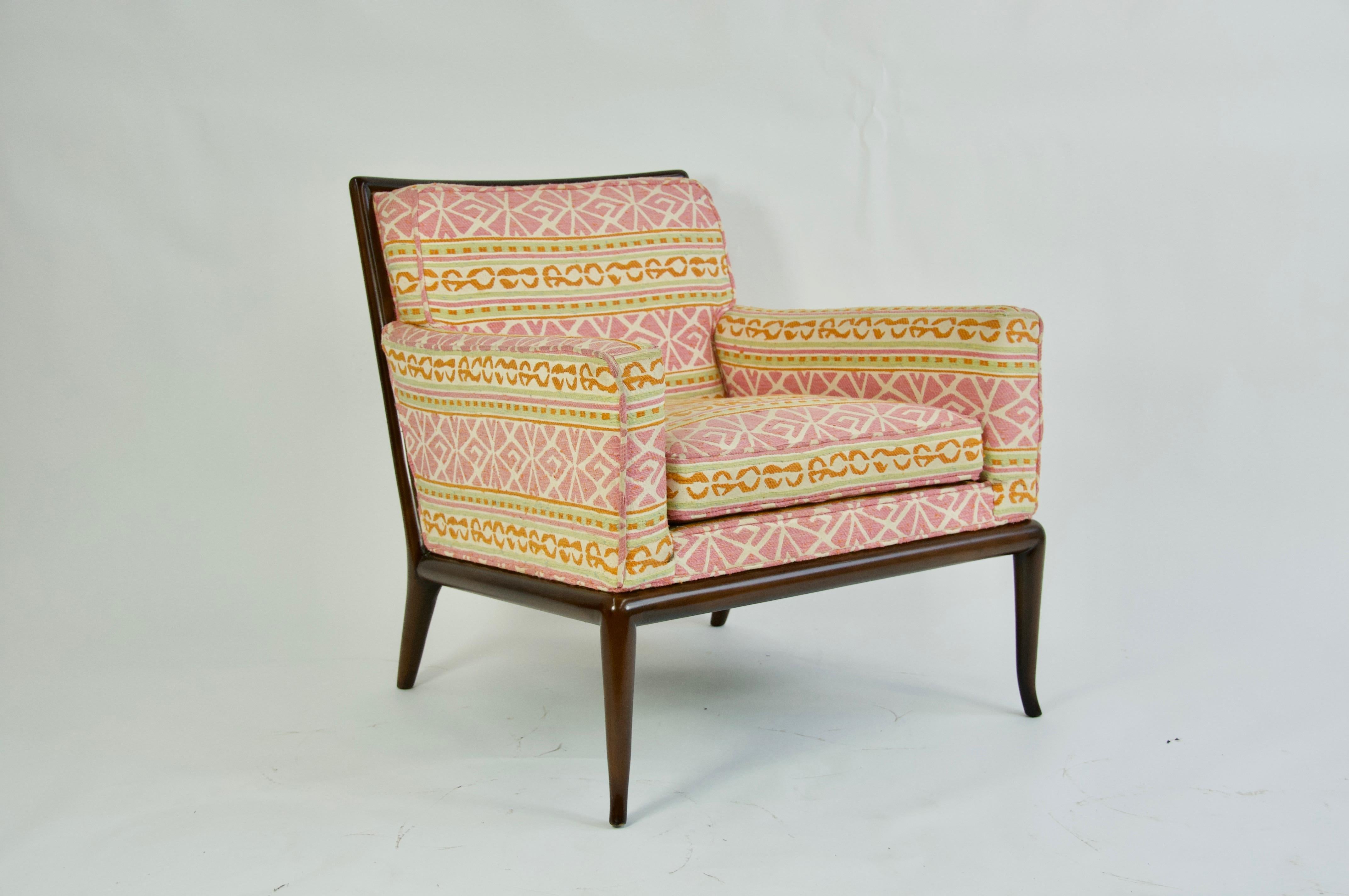 Lounge chair by T.H. Robsjohn-Gibbings. Vintage upholstery. 
The frame of this chair has recently been refinished and is darker than the main image.