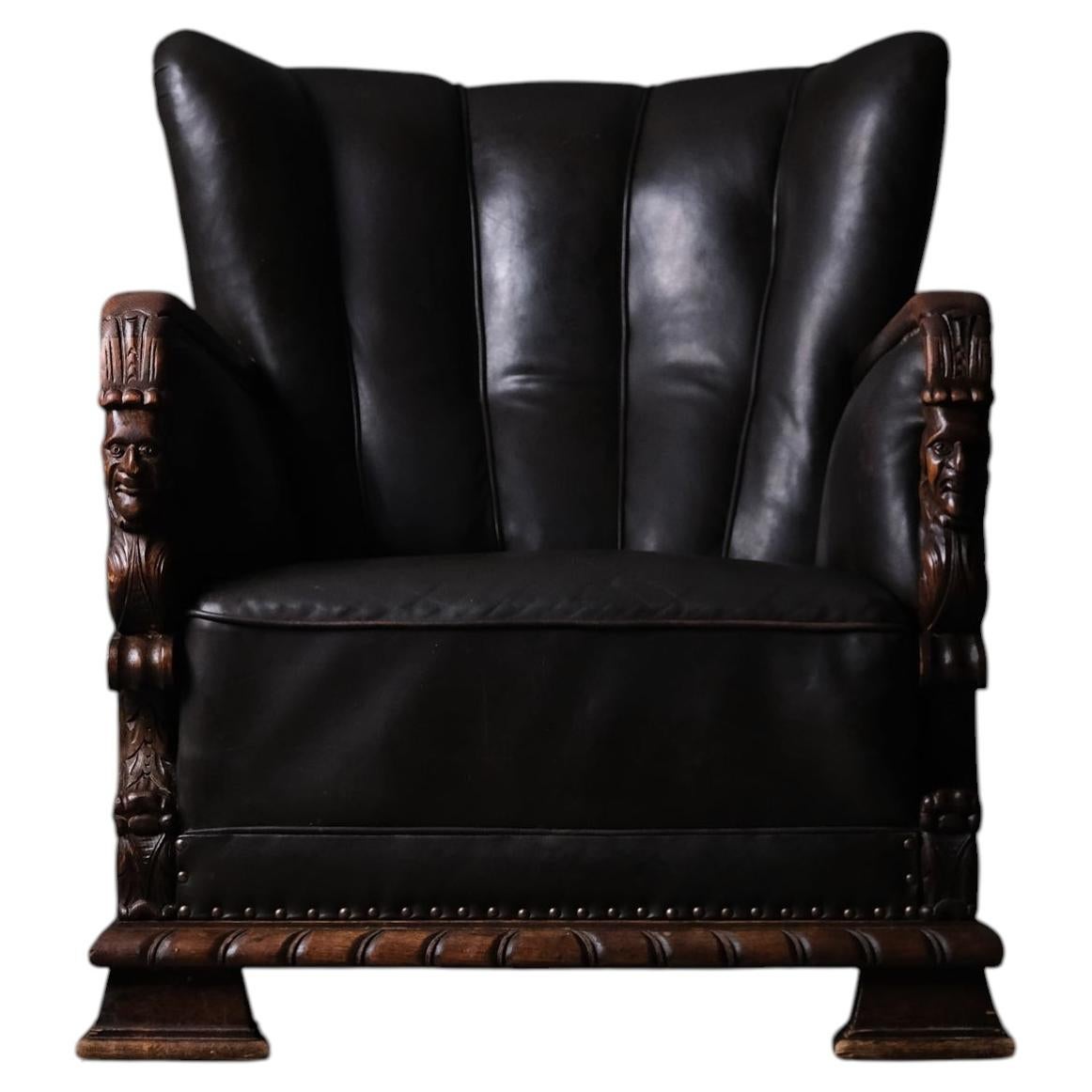 Lounge Chair by Unknown Designer in Oak and Leather, Sweden, 1920s