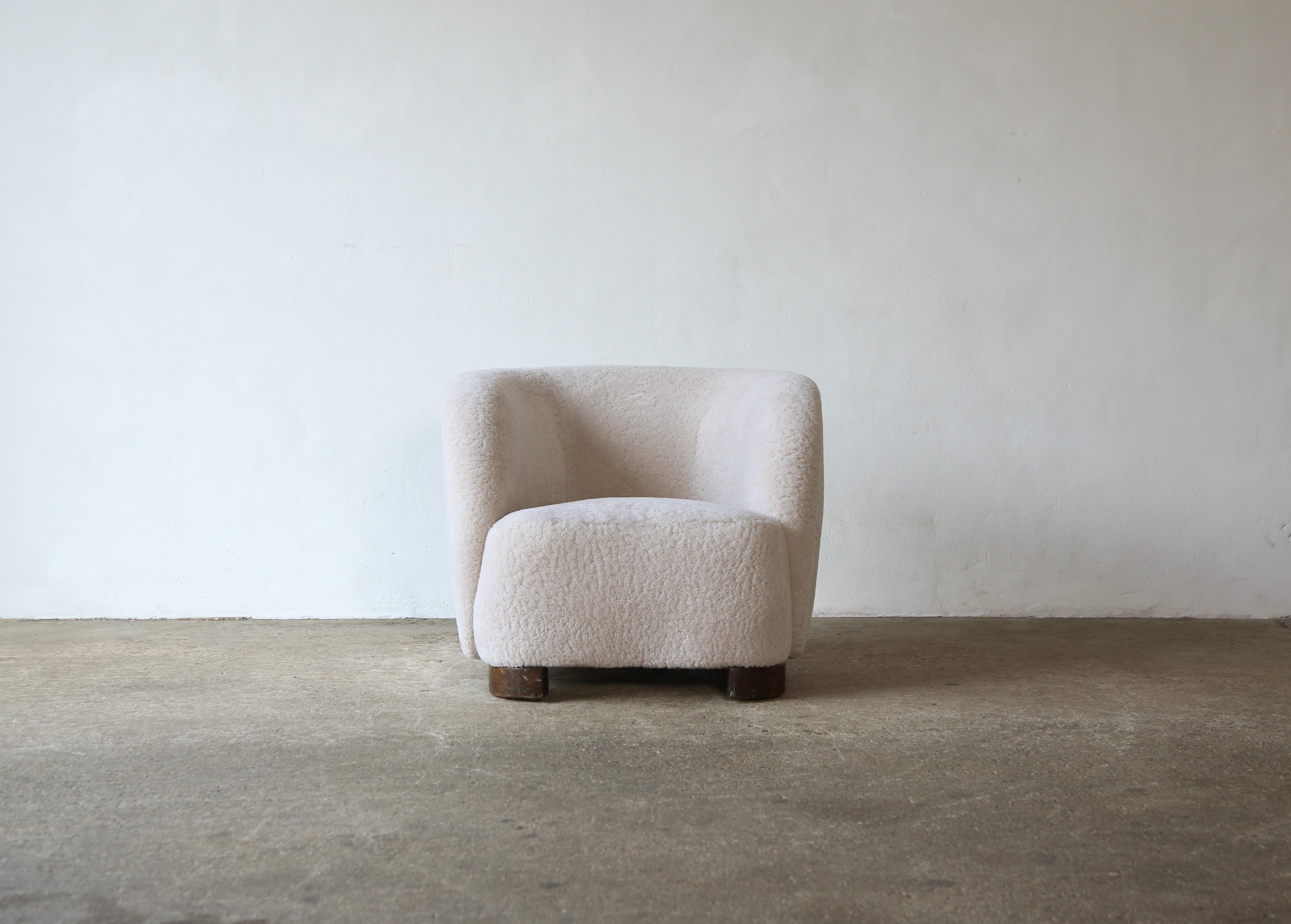 Danish Lounge Chair, Denmark, 1940s, Newly Upholstered in Sheepskin For Sale
