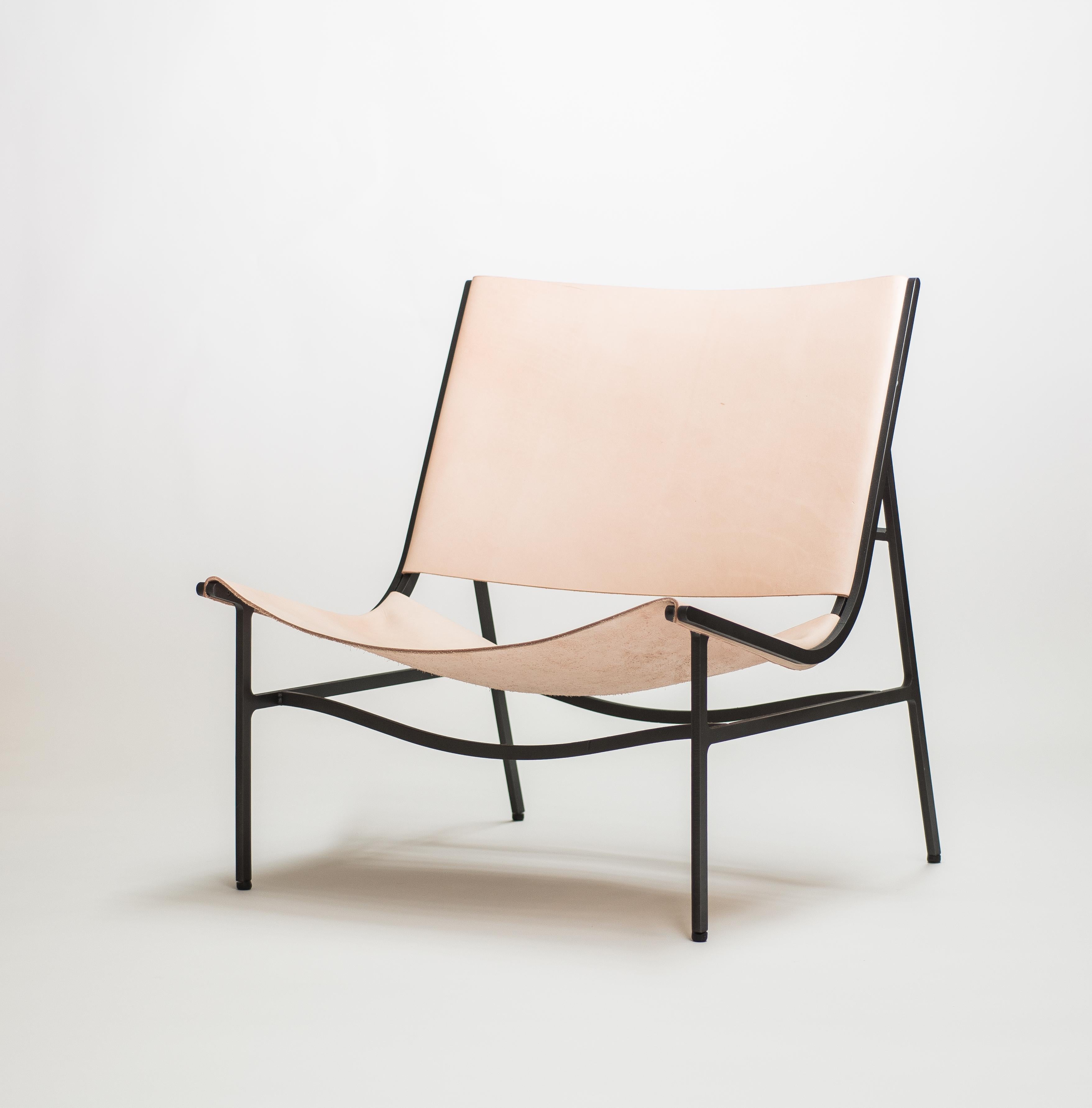 Modern Lounge Chair GH in Blackened Laser-Cut Steel Frame and Veg Tan Leather Sling For Sale