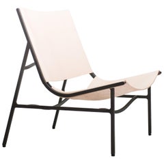 Lounge Chair in Blackened Laser-Cut Steel Frame and Veg Tan Leather Sling