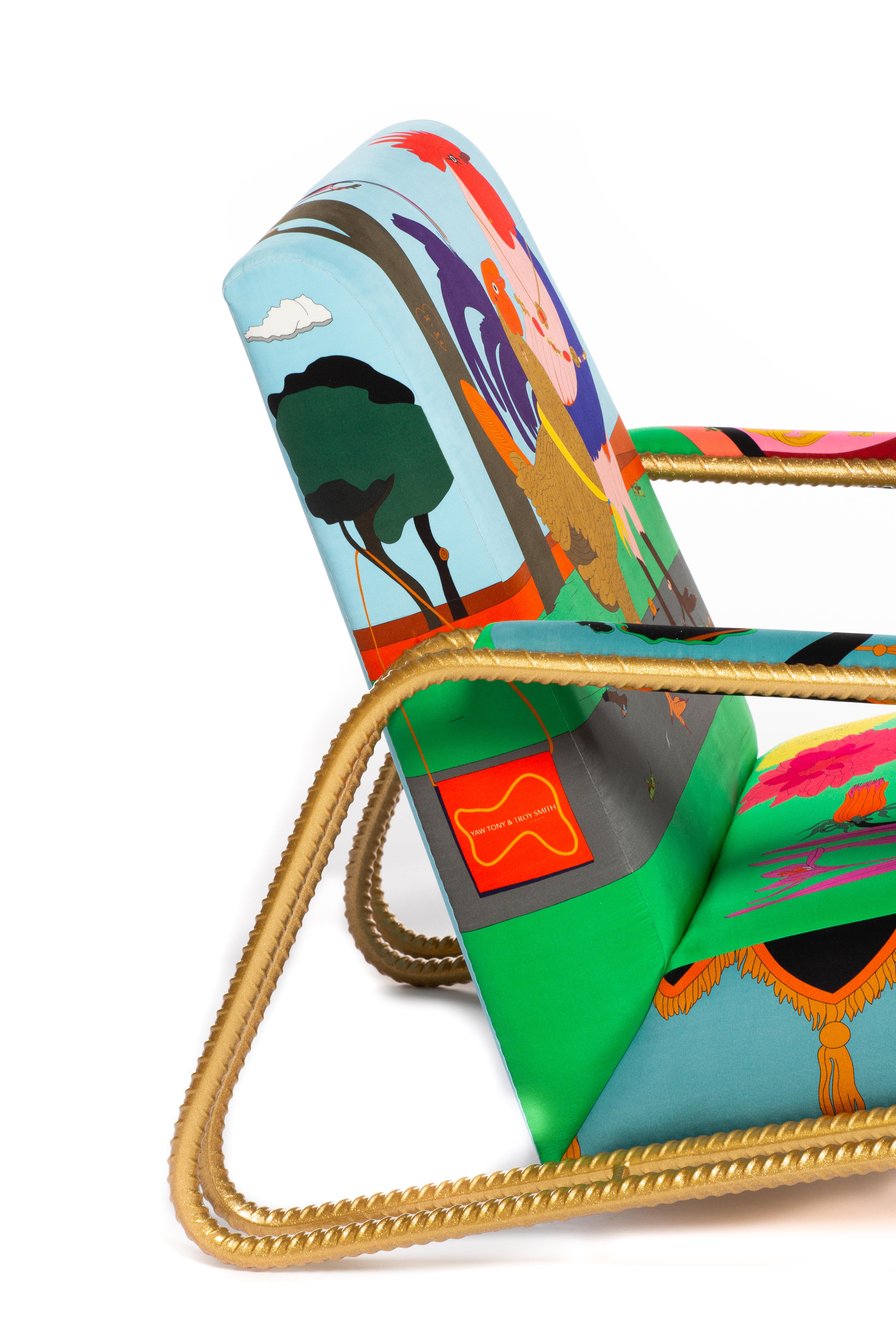 Art Deco Handmade Lounge Chair With Custom Printed Silk Upholstery & Rebar Metallic Frame For Sale
