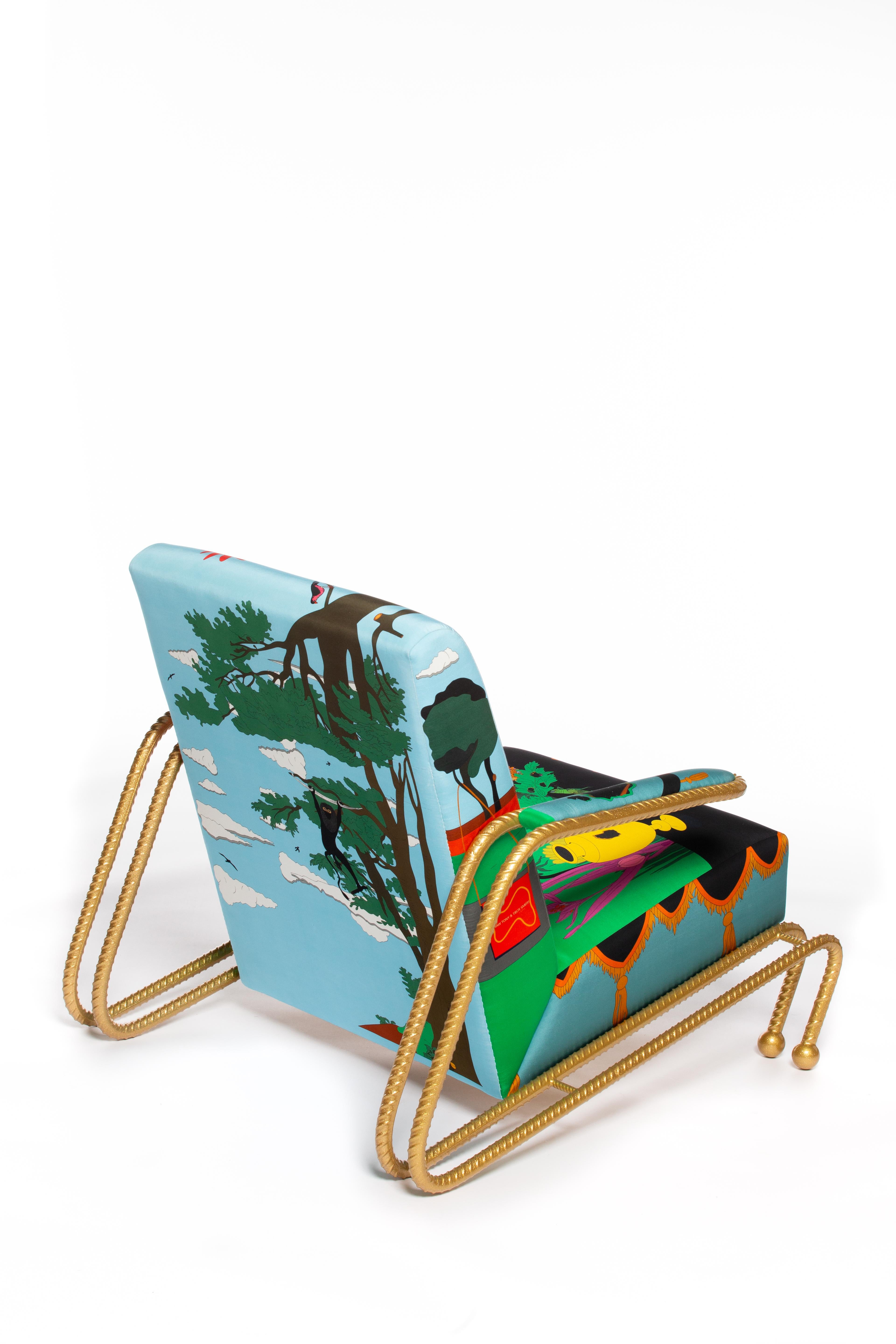 Canadian Handmade Lounge Chair With Custom Printed Silk Upholstery & Rebar Metallic Frame For Sale