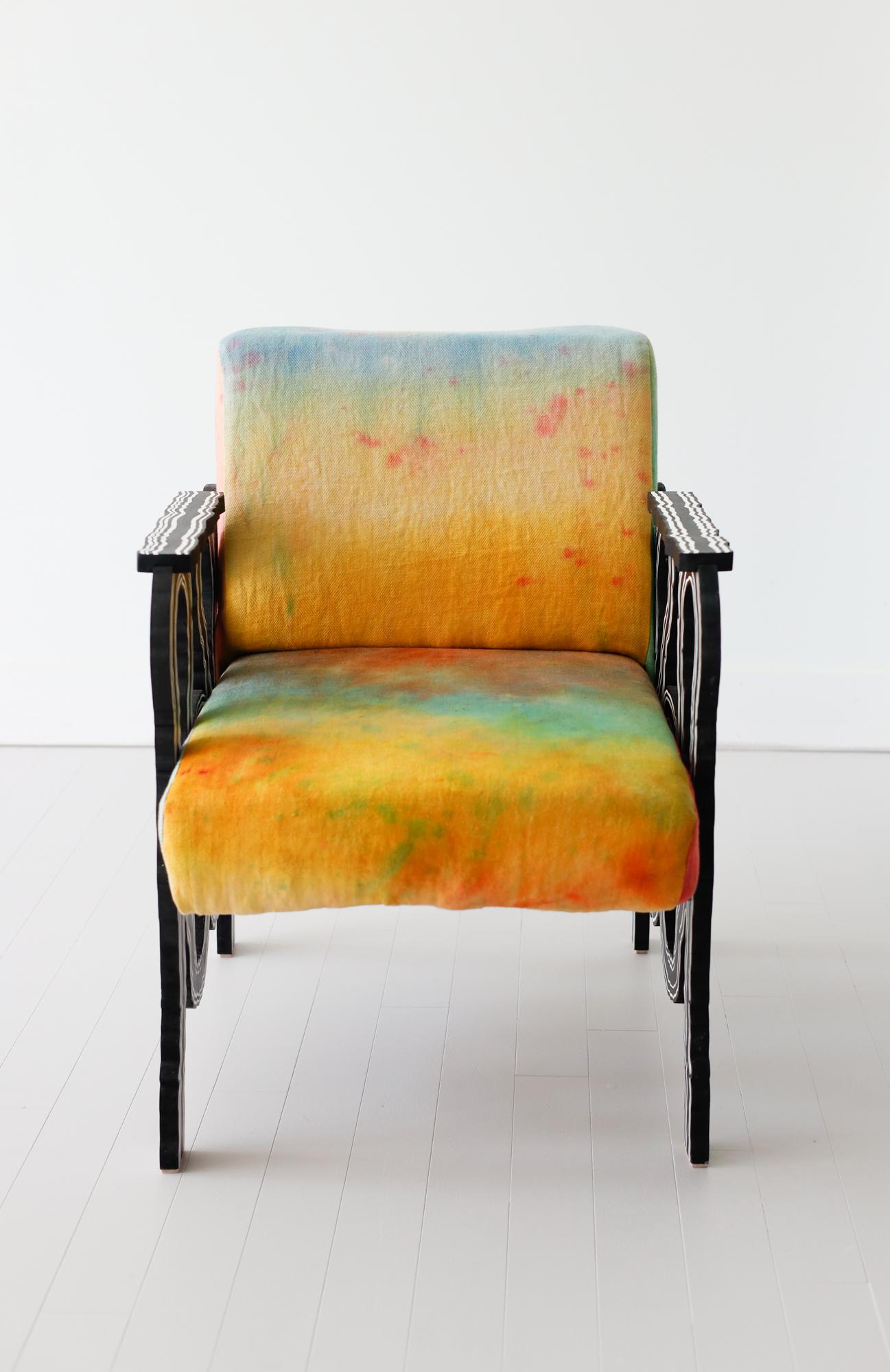 Post-Modern Lounge chair in wood with hand-dyed upholstered seat  For Sale