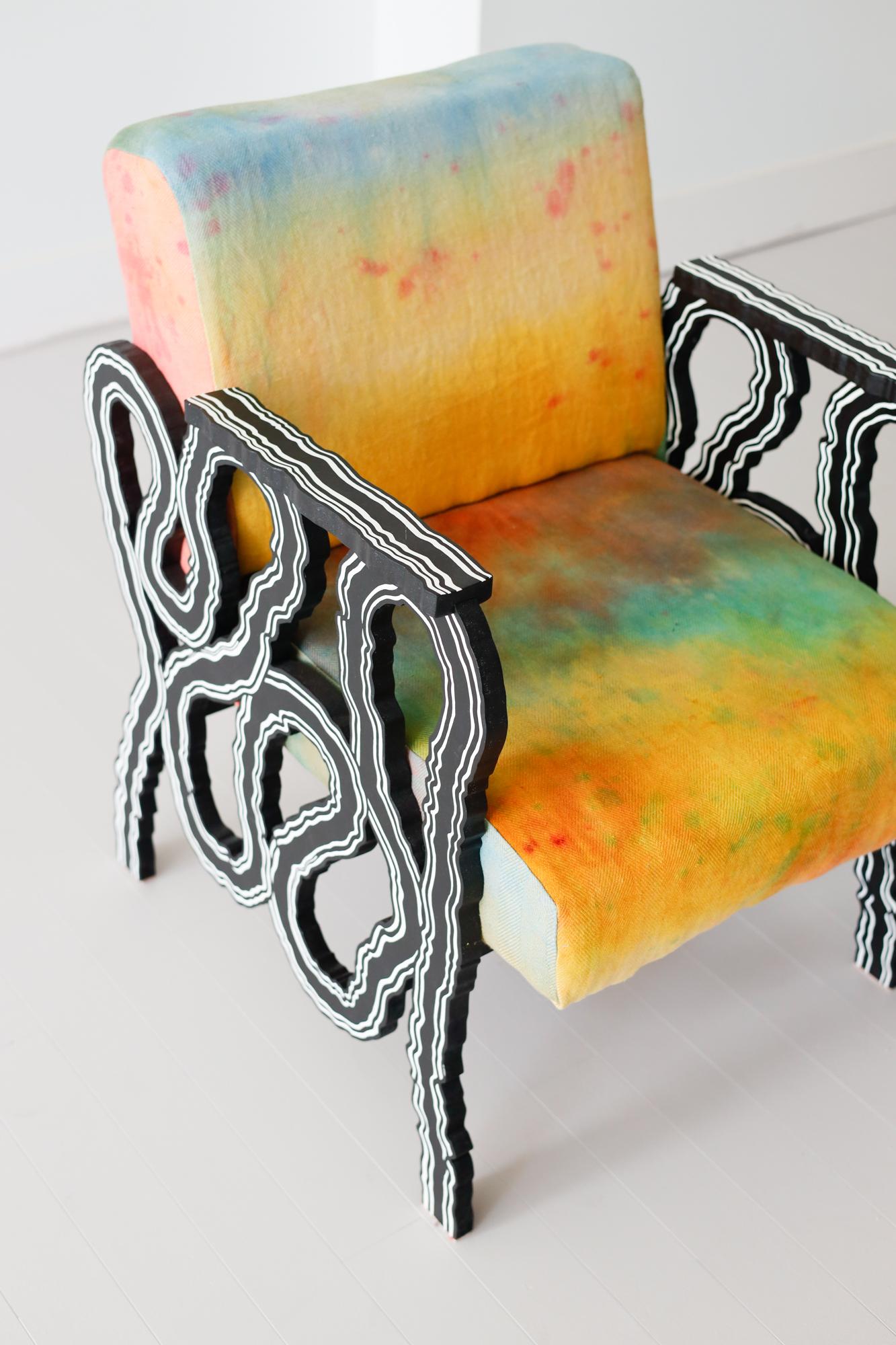 Hand-Crafted Lounge chair in wood with hand-dyed upholstered seat  For Sale