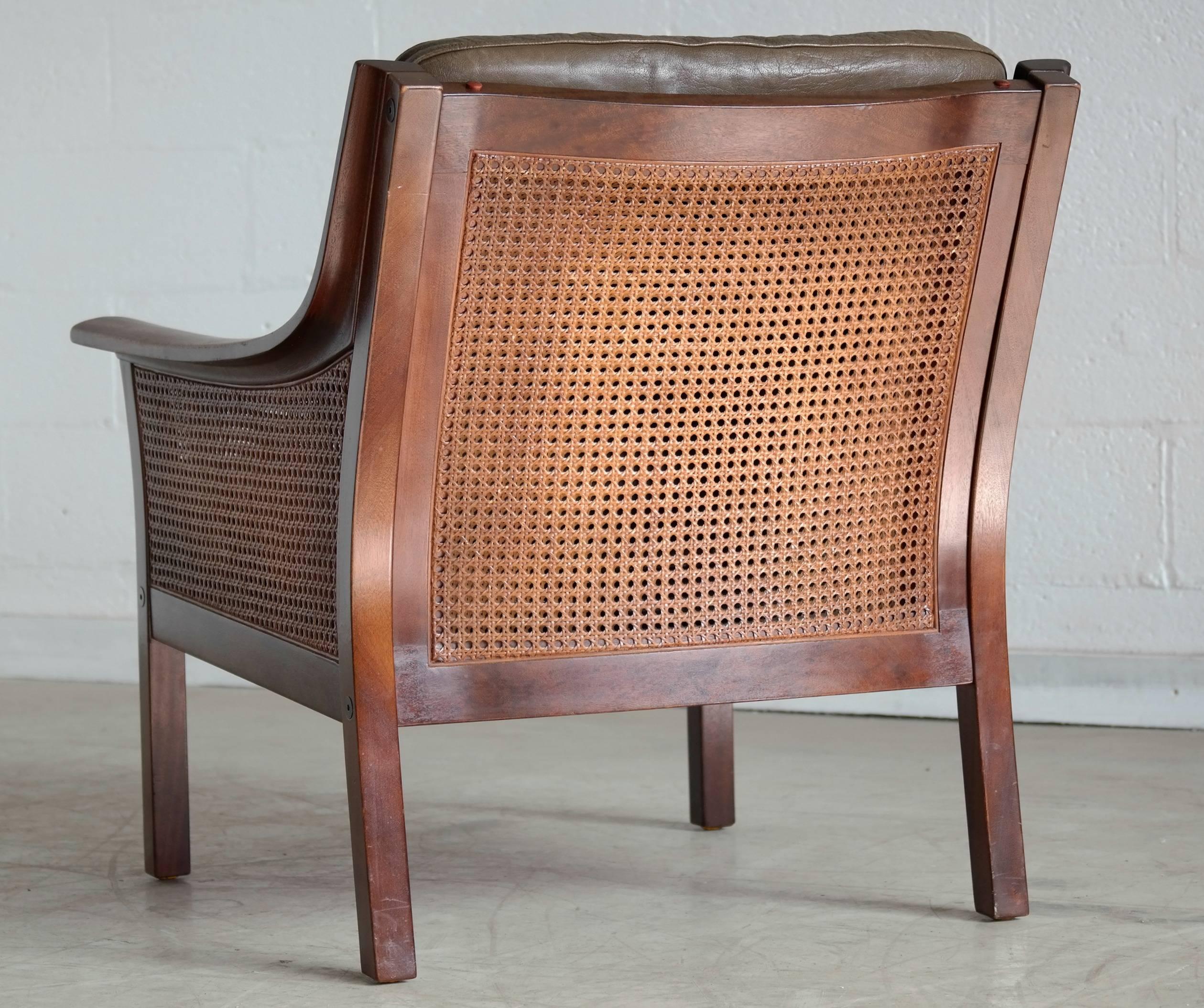Lounge Chair in Beech and Olive Leather with Woven Cane by Torbjorn Afdal In Good Condition In Bridgeport, CT
