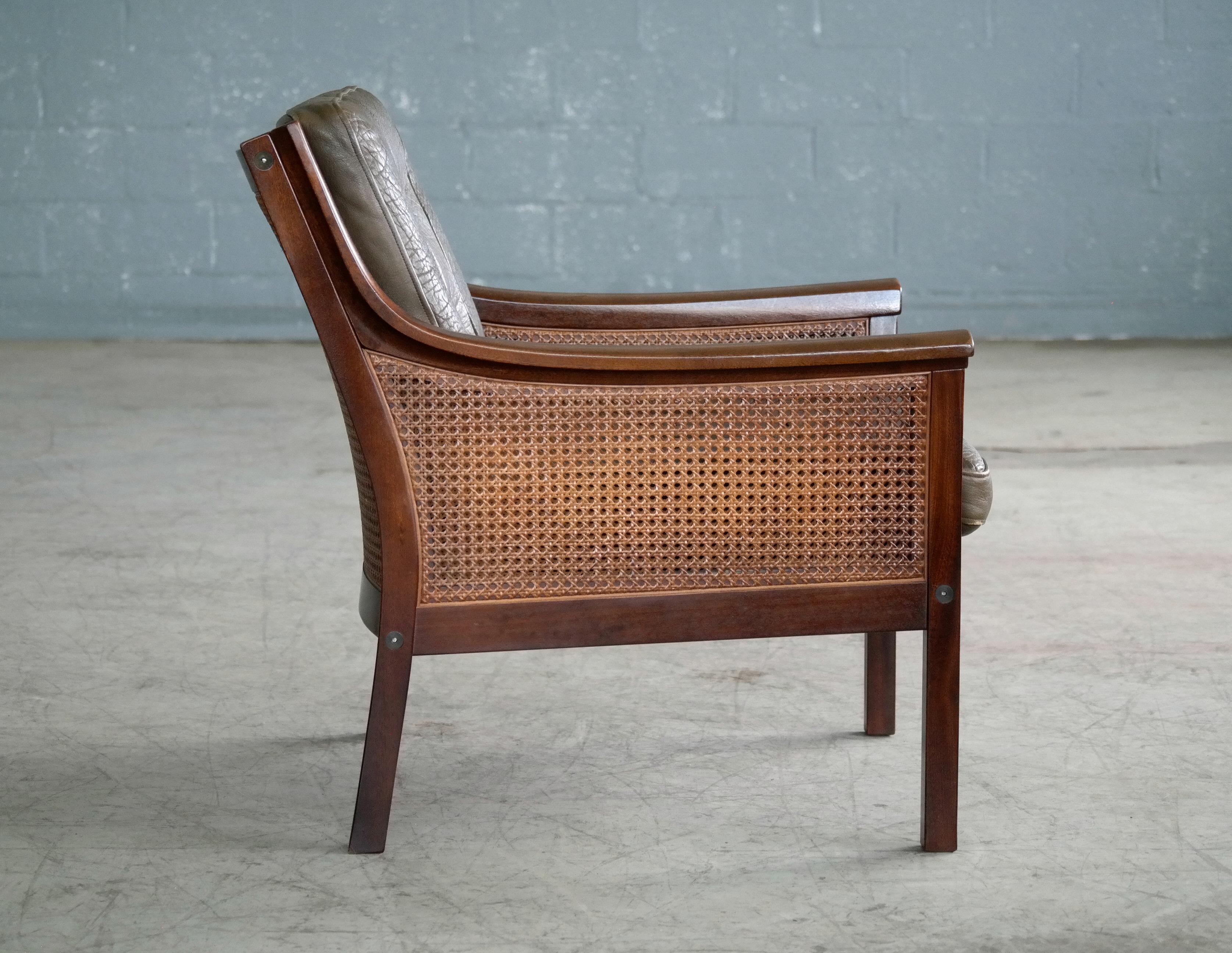 Mid-20th Century Lounge Chair in Beech and Olive Leather with Woven Cane by Torbjorn Afdal