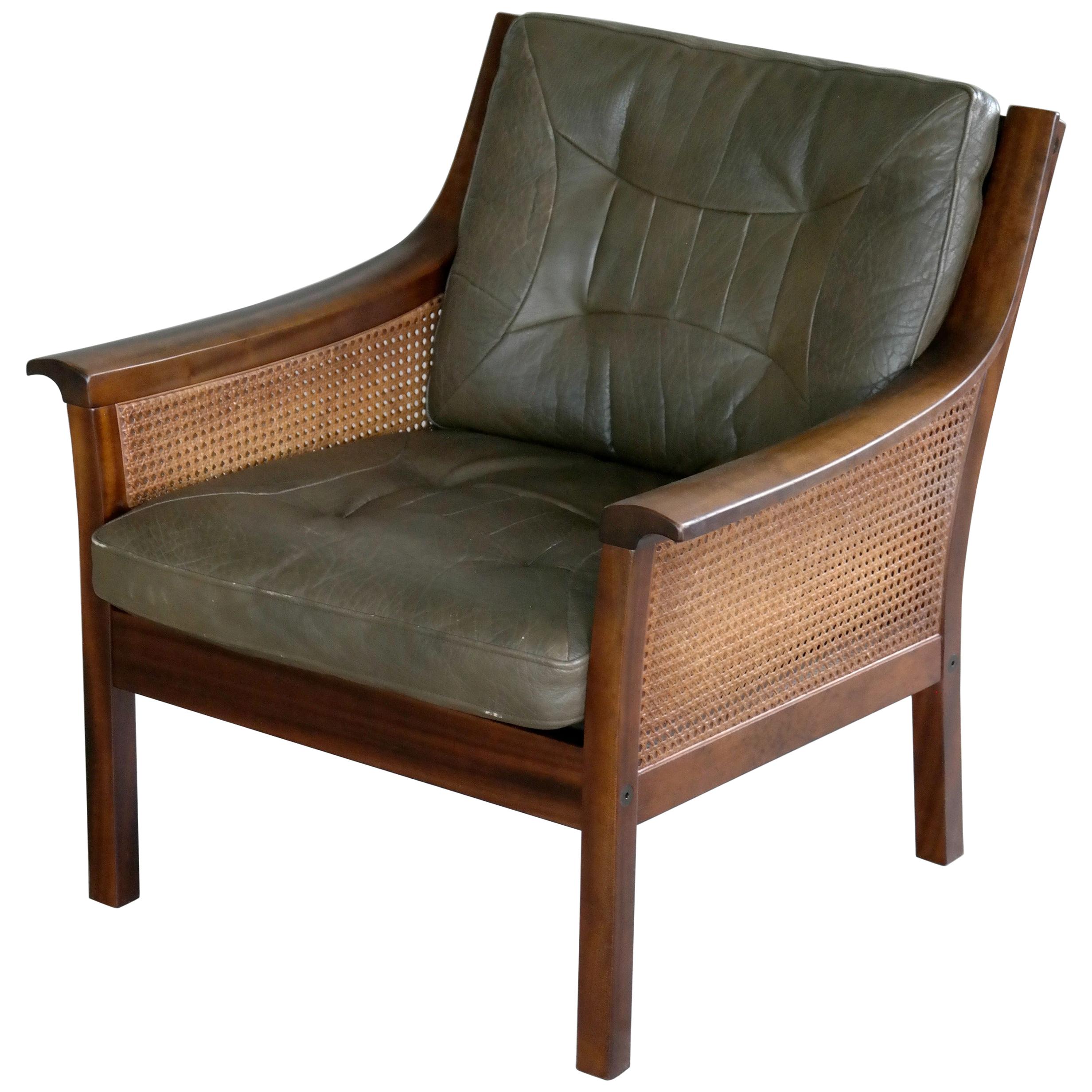 Lounge Chair in Beech and Olive Leather with Woven Cane by Torbjorn Afdal